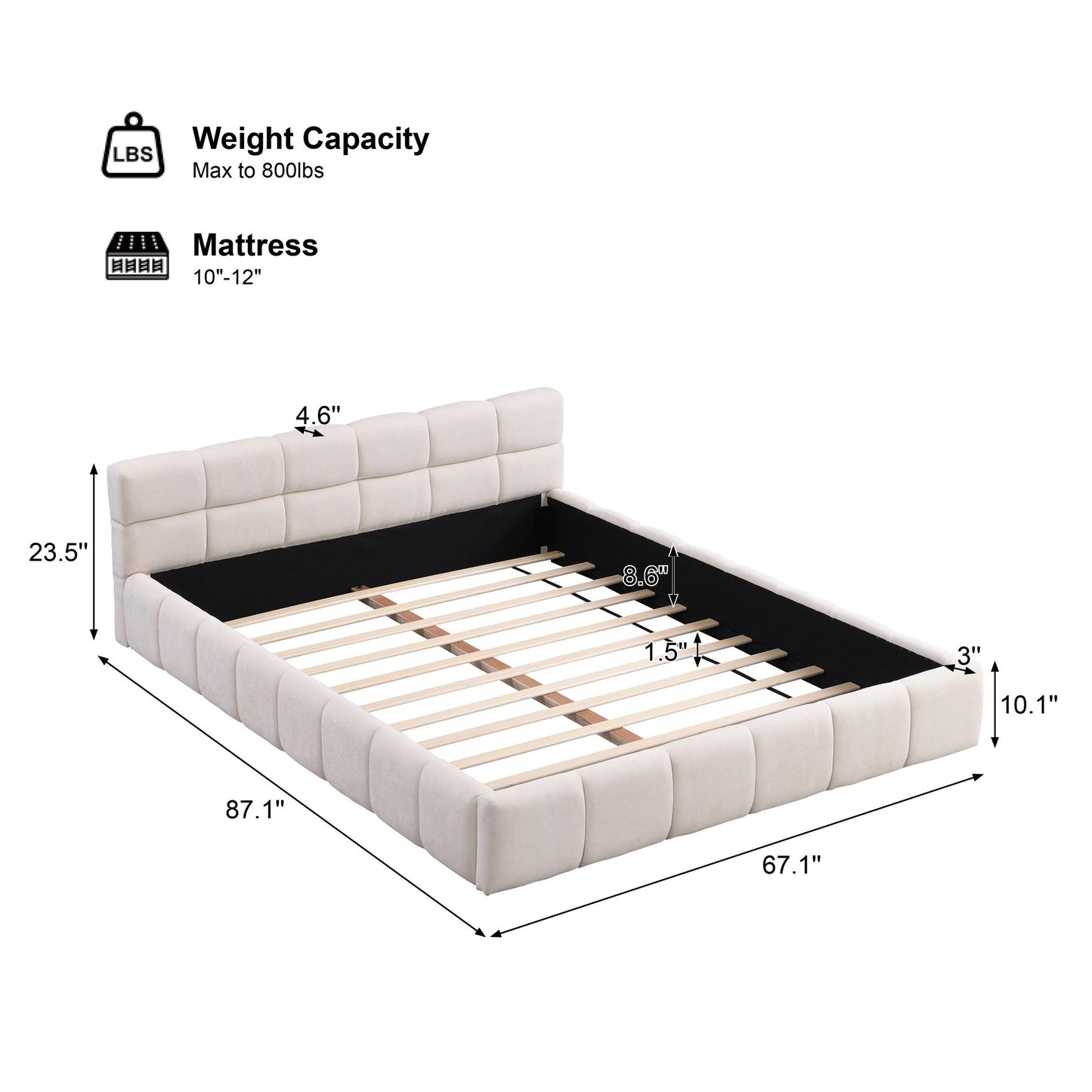 Queen-Size Chenille Upholstered Bed with Checkerboard Headboard, Durable Bed Frame for Homes and Families, 88'' L x 67.5'' W x 24'' H, Beige