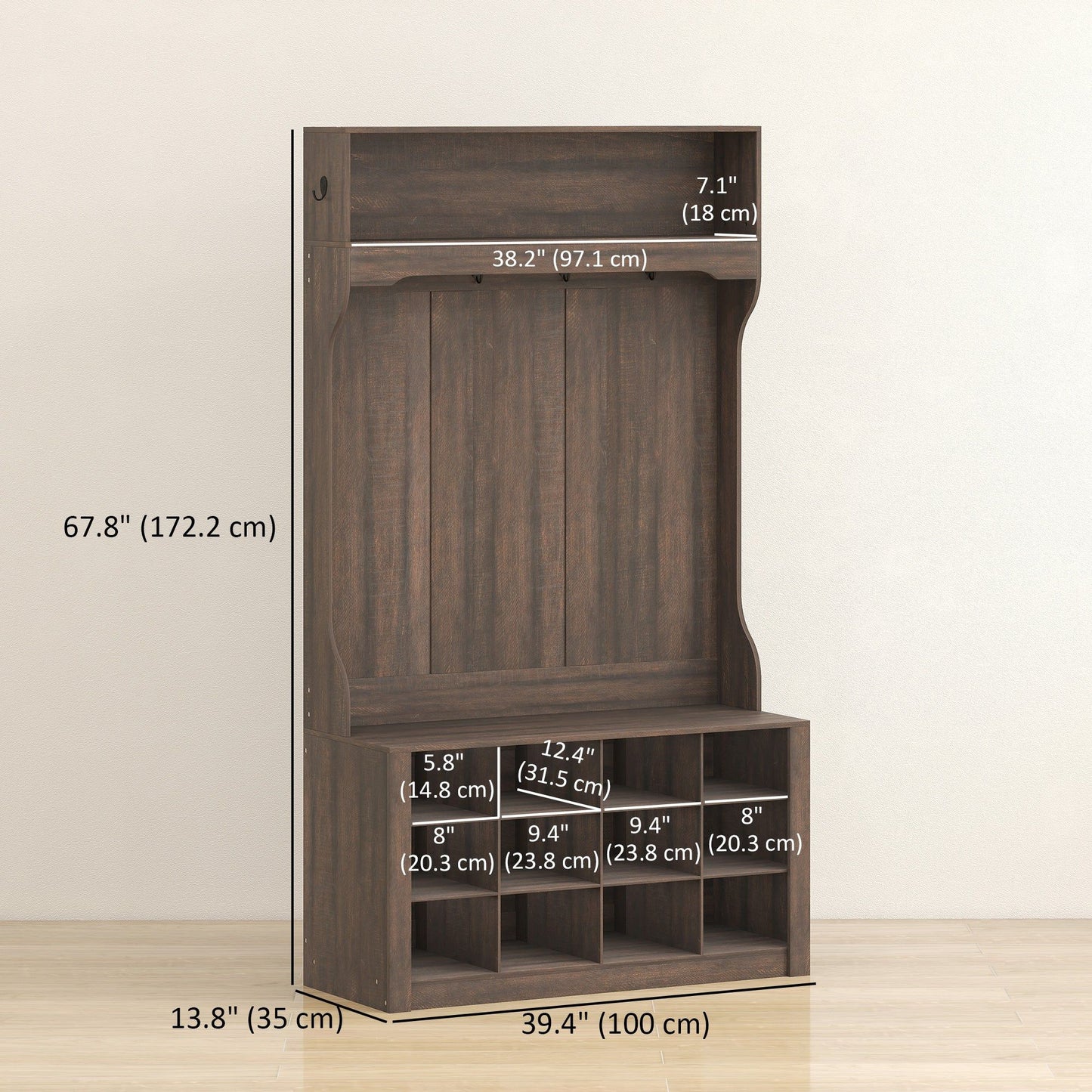 4-in-1 Hall Tree Bench with 12 Shoe Cubbies - Dark Brown