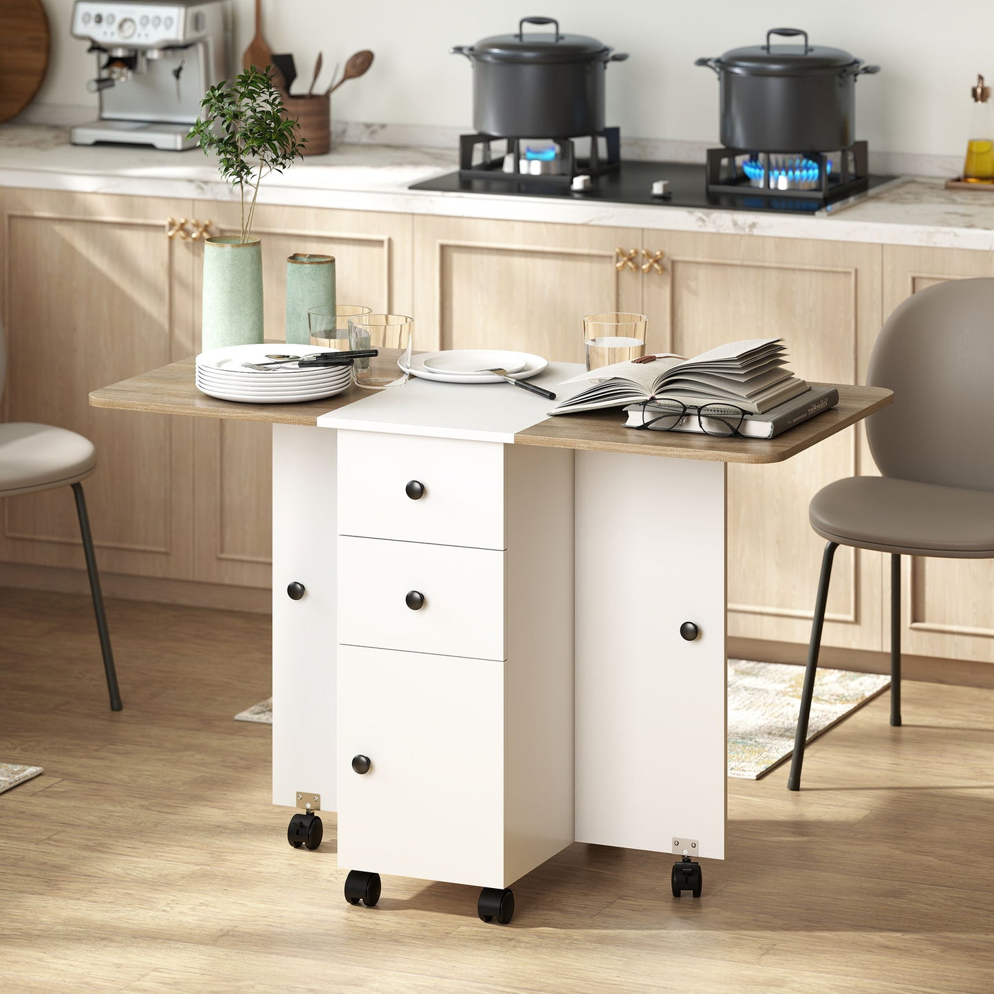 Drop Leaf Dining Table, Mobile Folding Table on Wheels with Drawers and Cabinet for Dining Room, Kitchen, White and Oak