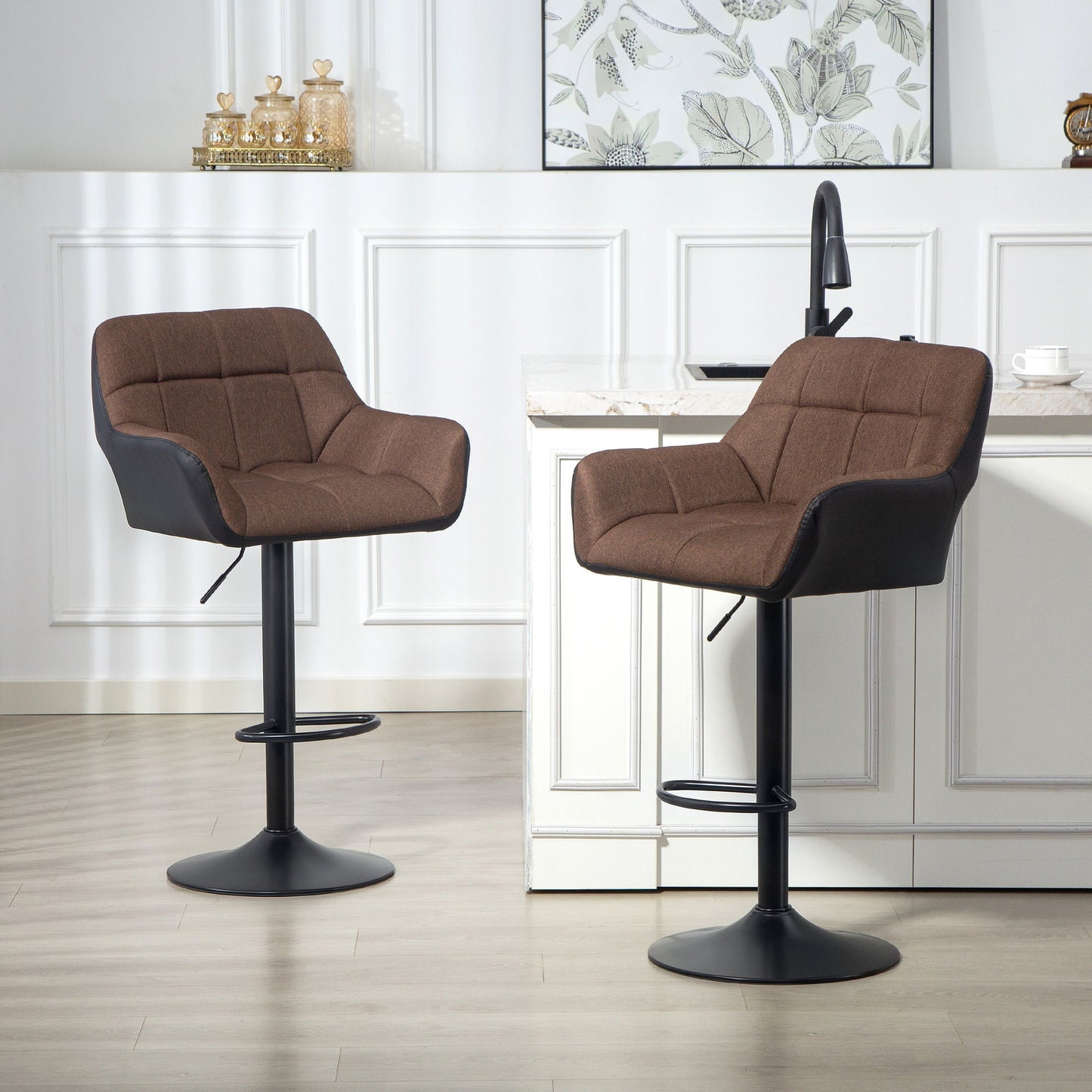 Swivel Barstools Set of 2 Adjustable Bar Stools with Footrest Armrests and PU Leather Back for Dining Room Brown