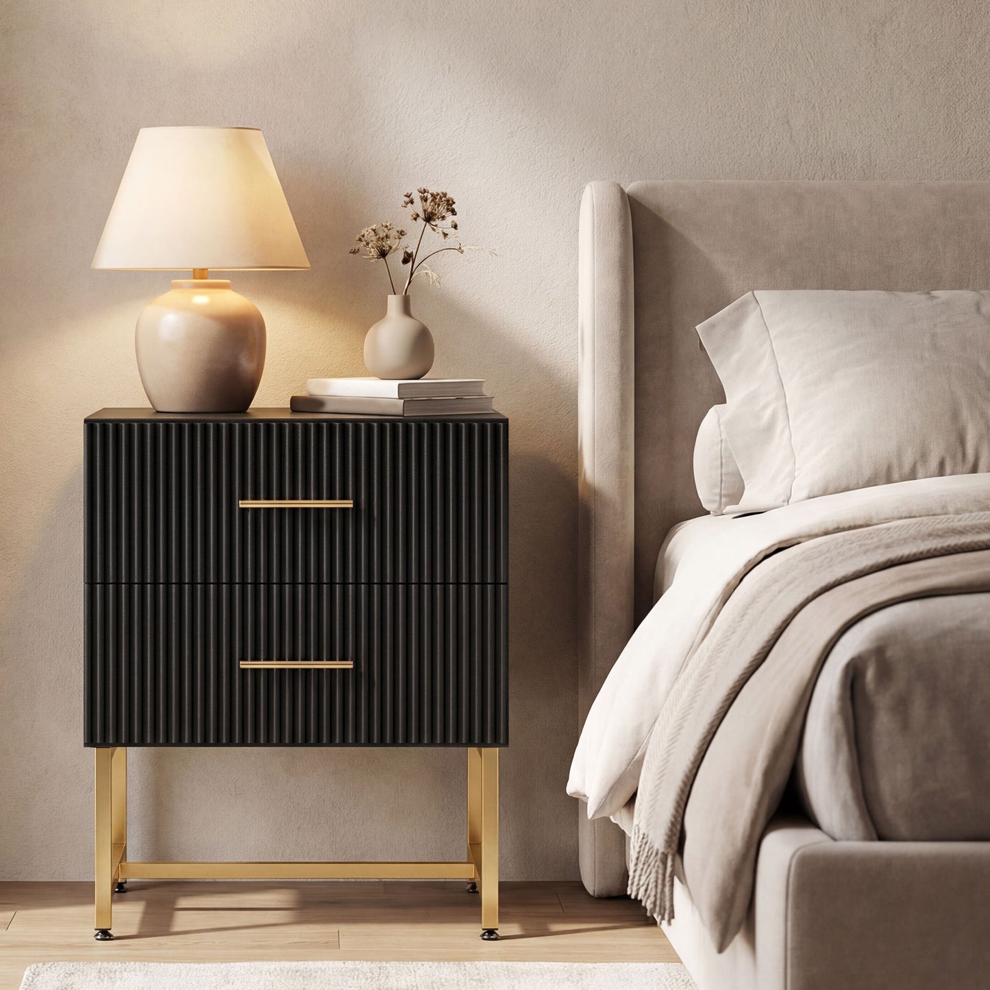 2 Pieces Nightstands with Storage, Modern Bedside Tables with 2 Fluted Drawers and Gold Legs for Bedroom, Black