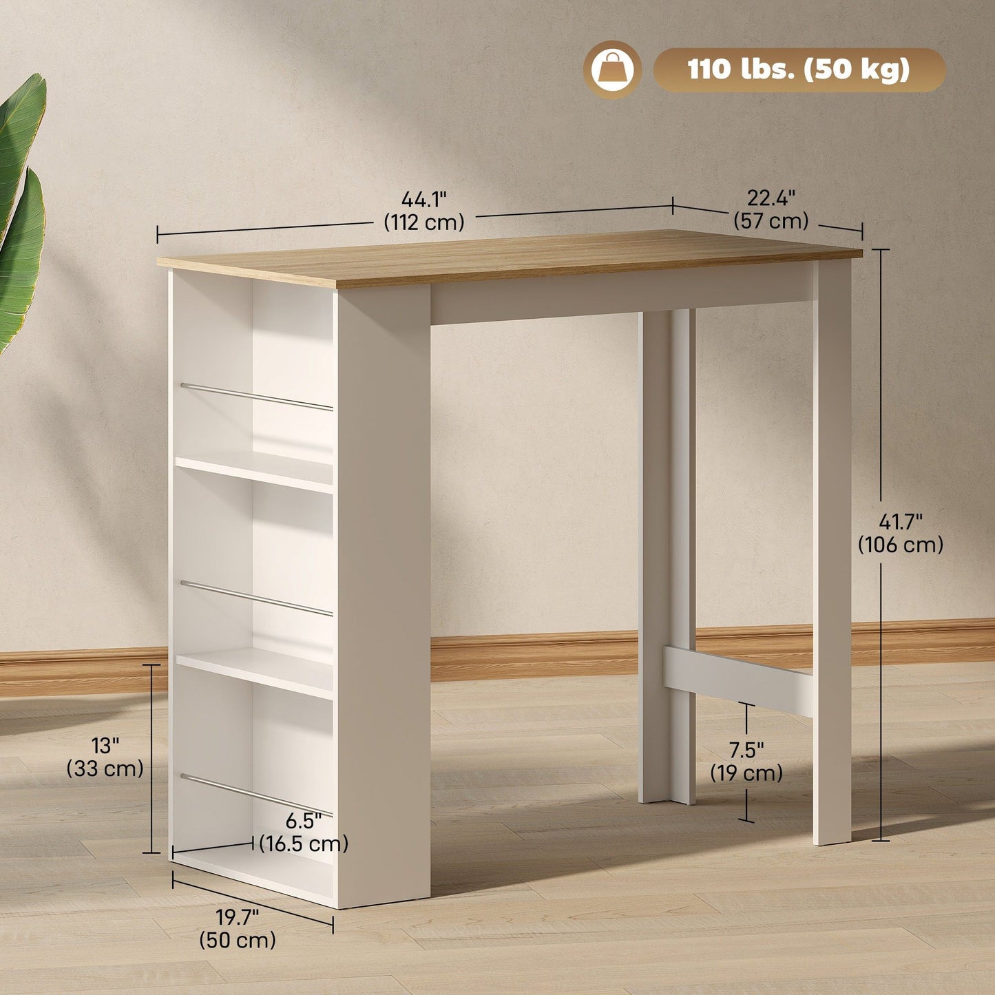 Counter-Height Bar Table with 3 Shelves - White