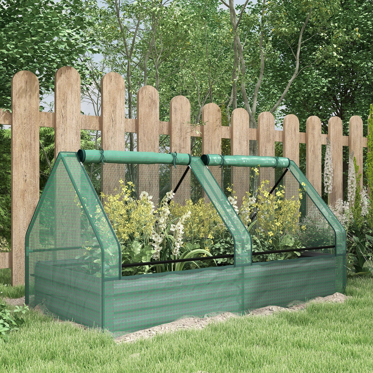 6' x 3' Metal Planter Box with Cover, Raised Garden Bed with Mini Greenhouse for Herbs, Vegetables, Green and Silver