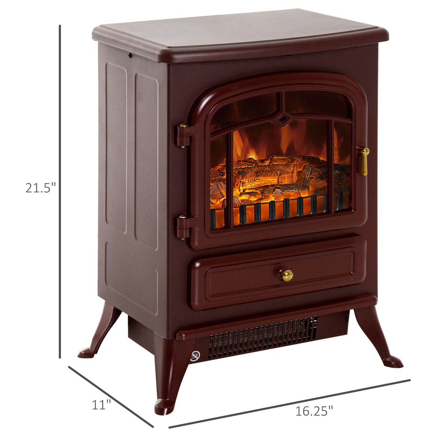 16" Free Standing Electric Fireplace Portable Adjustable Stove with Heater Wood Burning Flame 750/1500W Red Brown