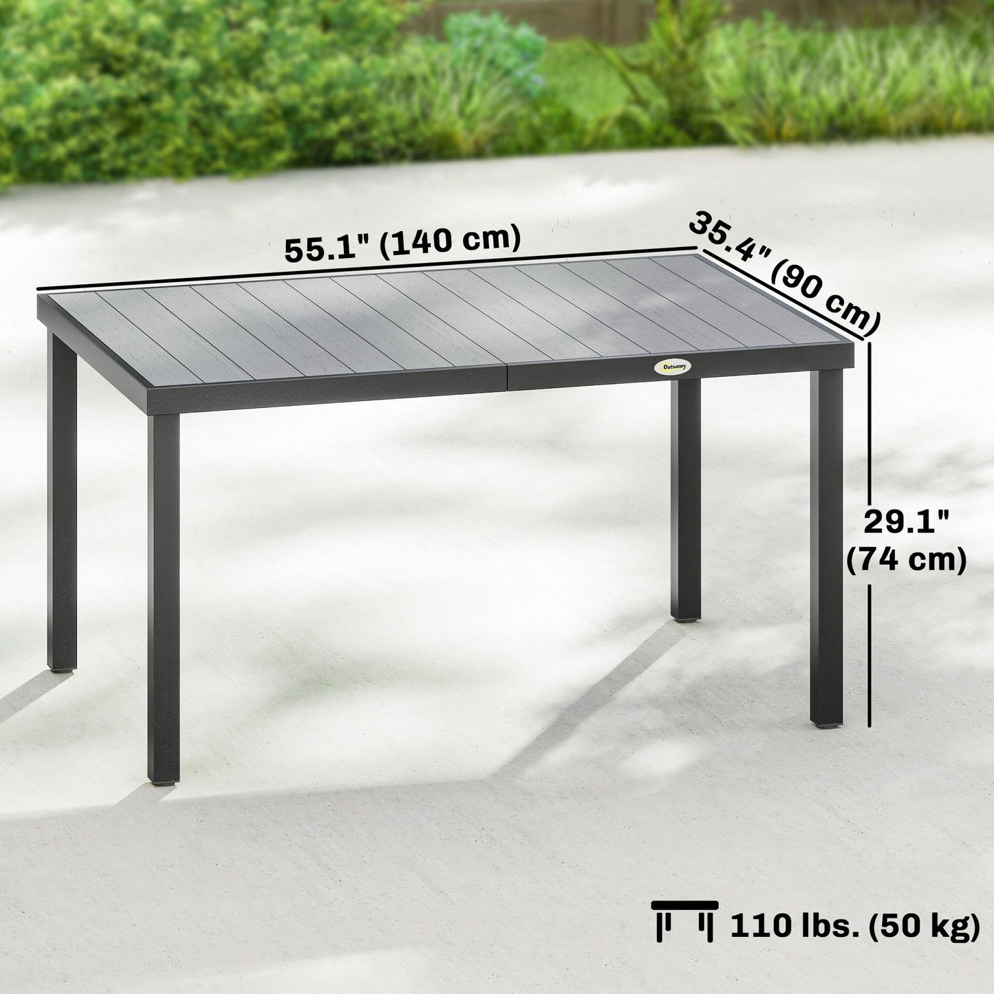 Rectangular Patio Table for 6, Outdoor Dining Table with Wood-Plastic Composite Top and Steel Frame for Garden, Grey