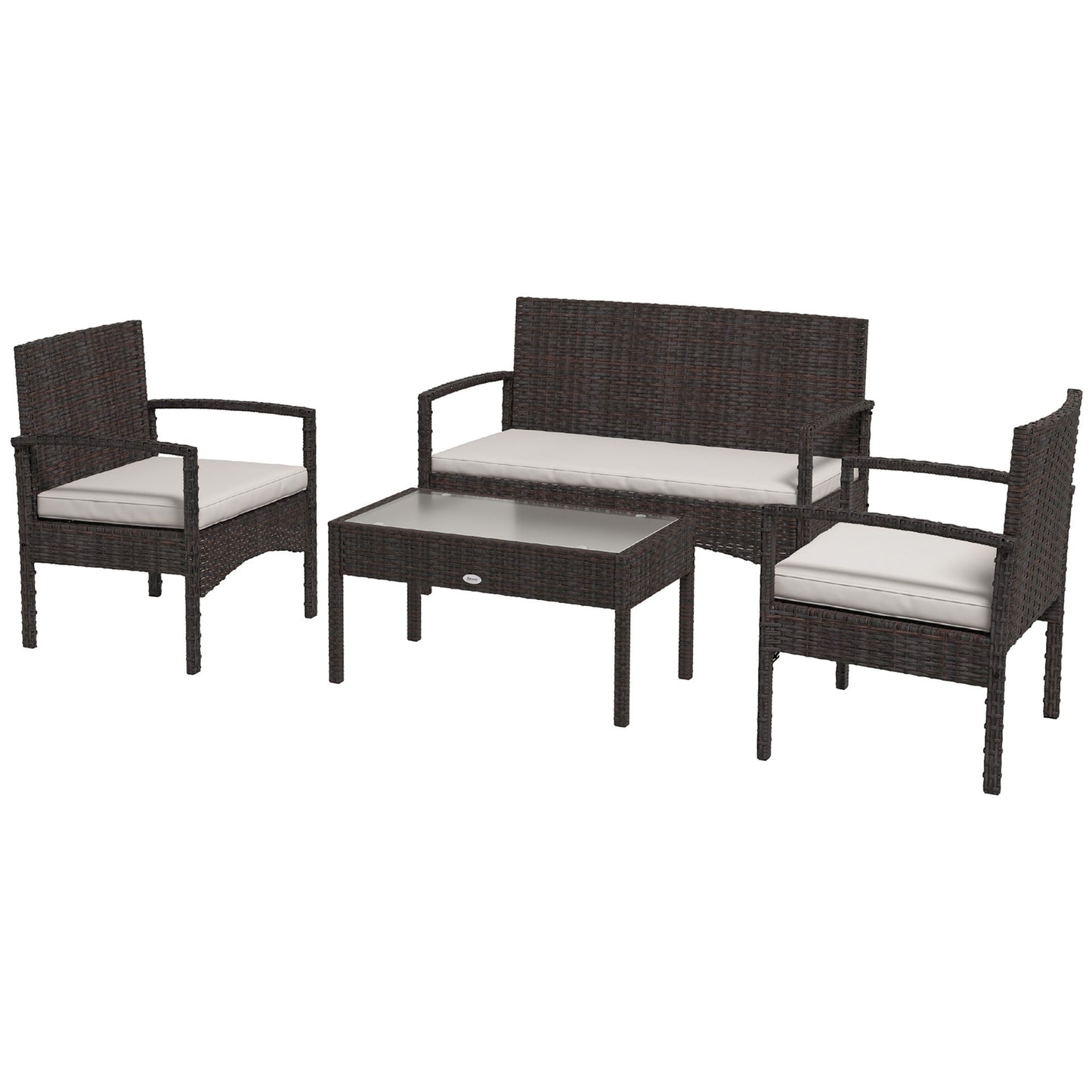 4 Pieces Patio Furniture Set with Loveseat Sofa, Armchairs, Glass Table, Outdoor Wicker Conversation Sofa Set, White