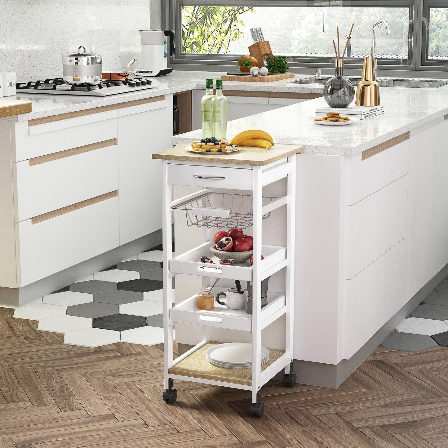 Rolling Kitchen Cart with Drawer and Basket - White