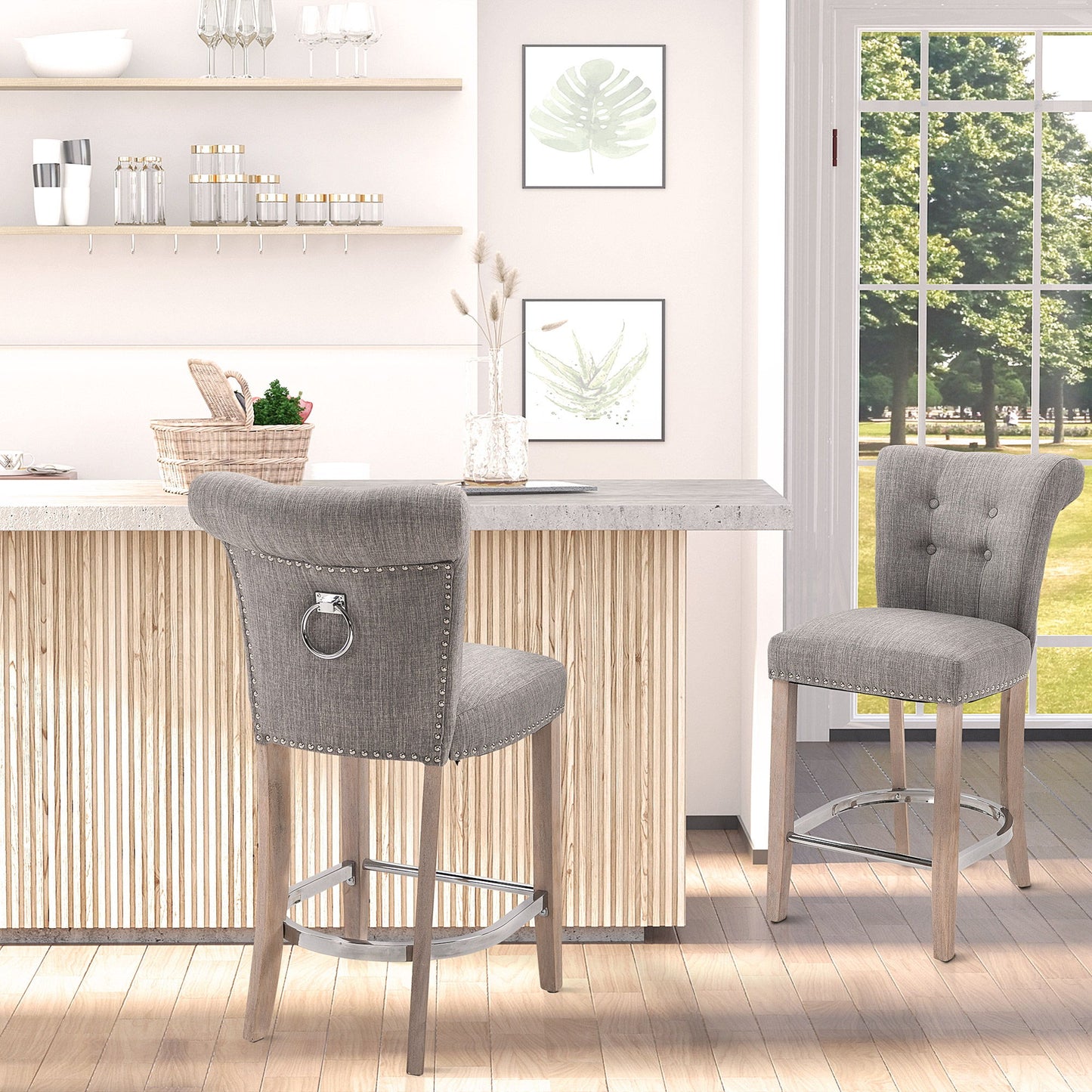 Bar Stools Set of 2, Upholstered Counter Height Stools with Button Tufted Back, Wood Legs and Footrest, Grey