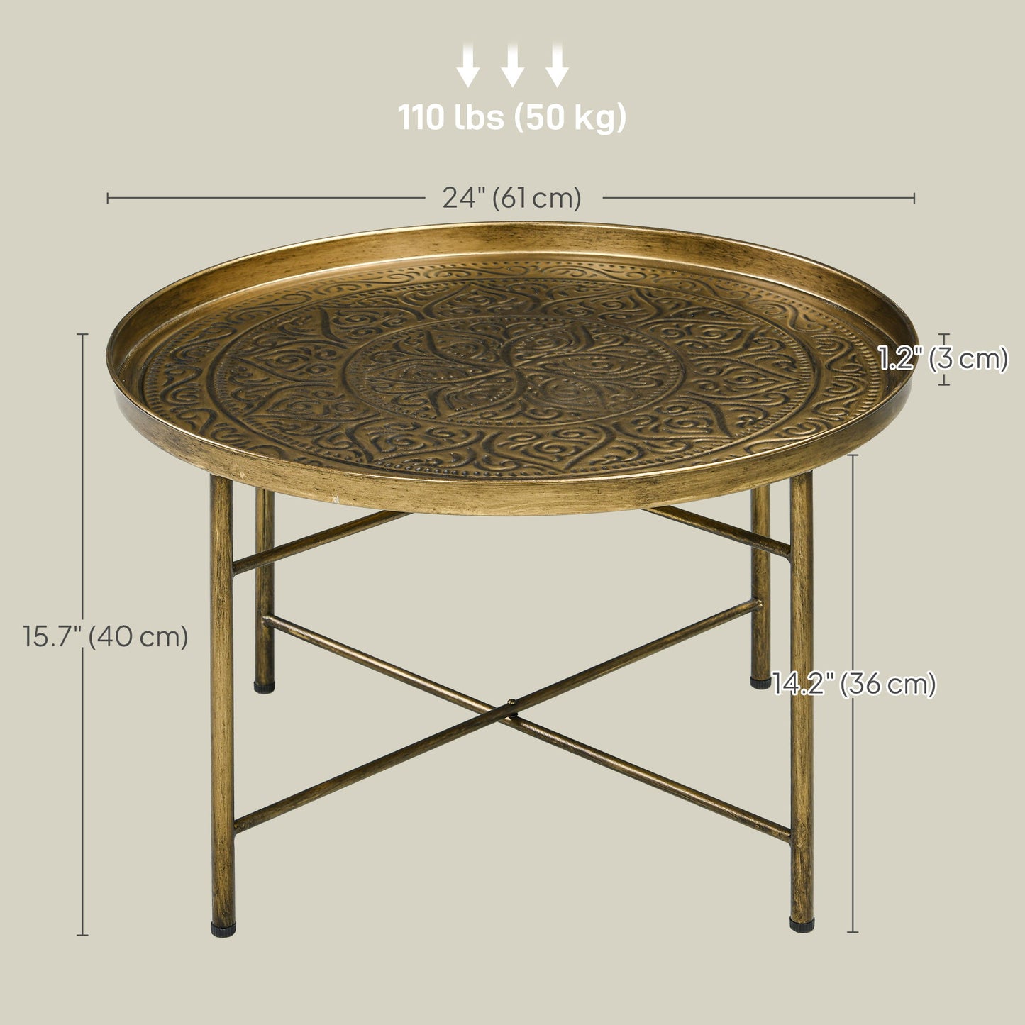 Vintage Coffee Table for Living Room, 24" Round Center Table with Hammered Tray Top and Metal Frame, Gold