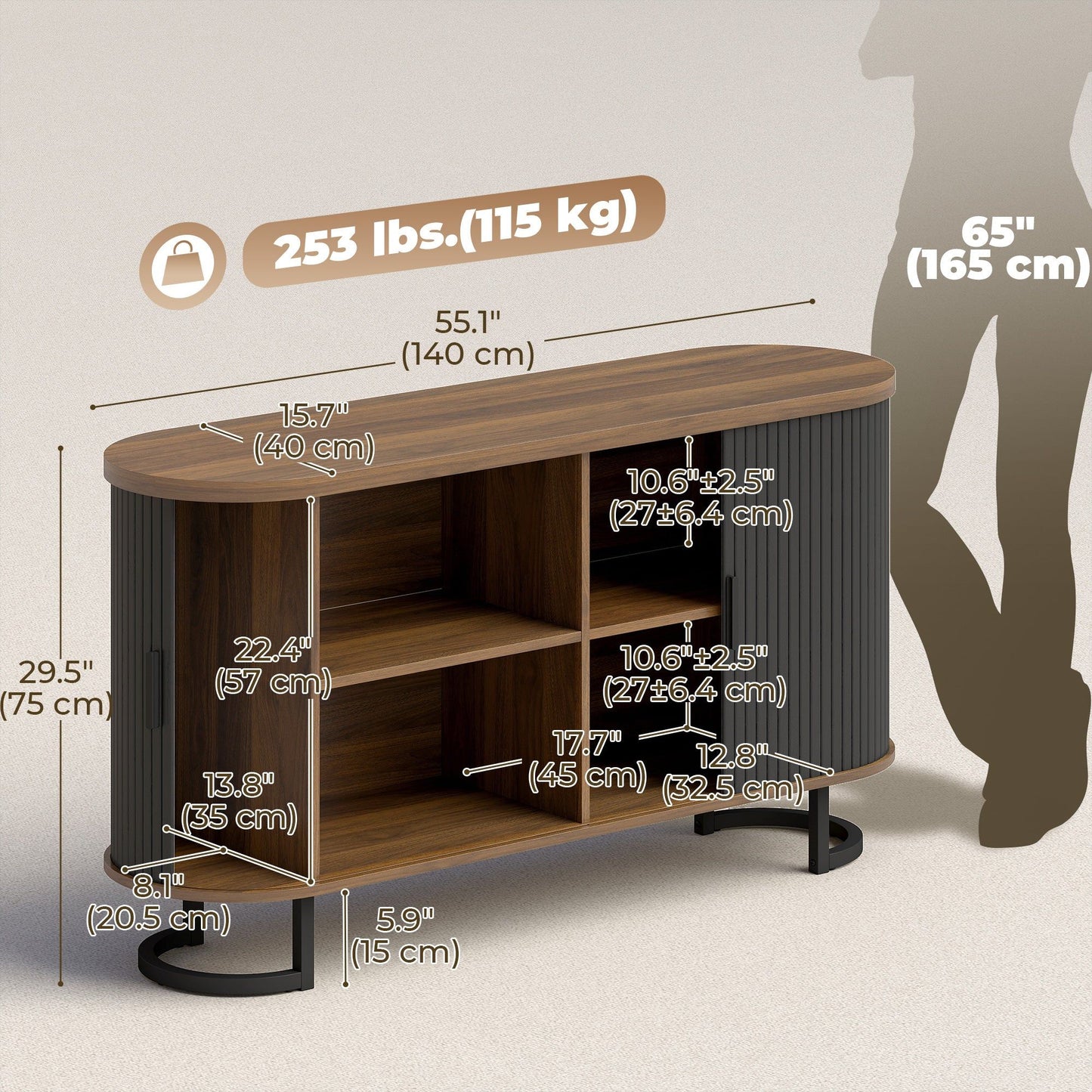 55" Fluted Sideboard with Sliding Doors - Black