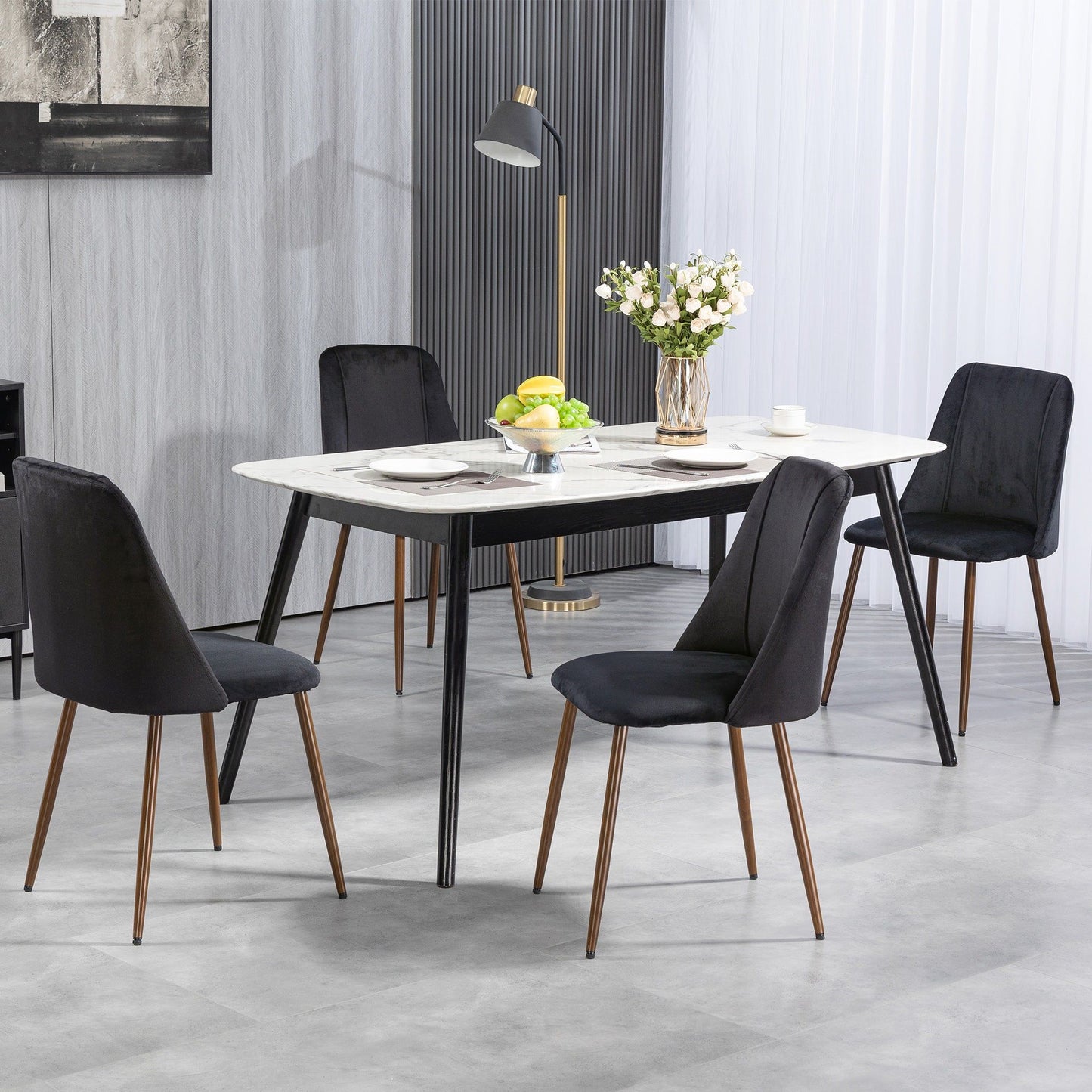 Velvet Dining Chairs Set of 4 with Steel Legs - Black