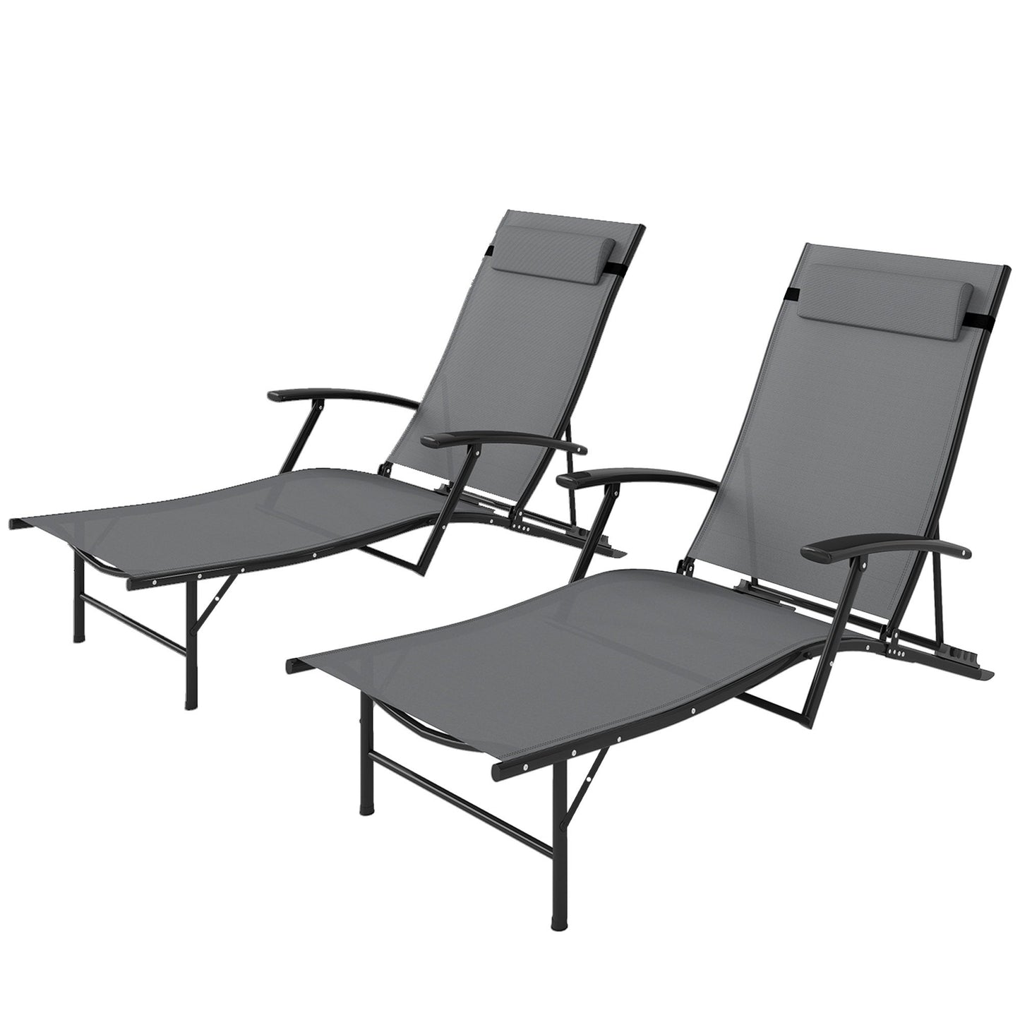 Set of 2 Chaise Lounge Chairs, Folding Tanning Chair with Pillow, Outdoor Sun Lounger for Patio, Garden, Beach, Grey