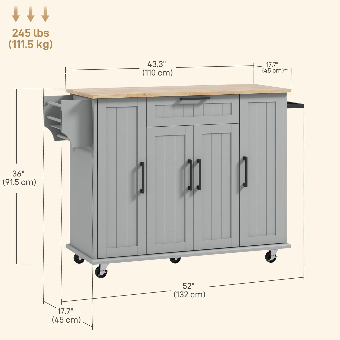 Rolling Kitchen Island Cart with Drawers - Grey