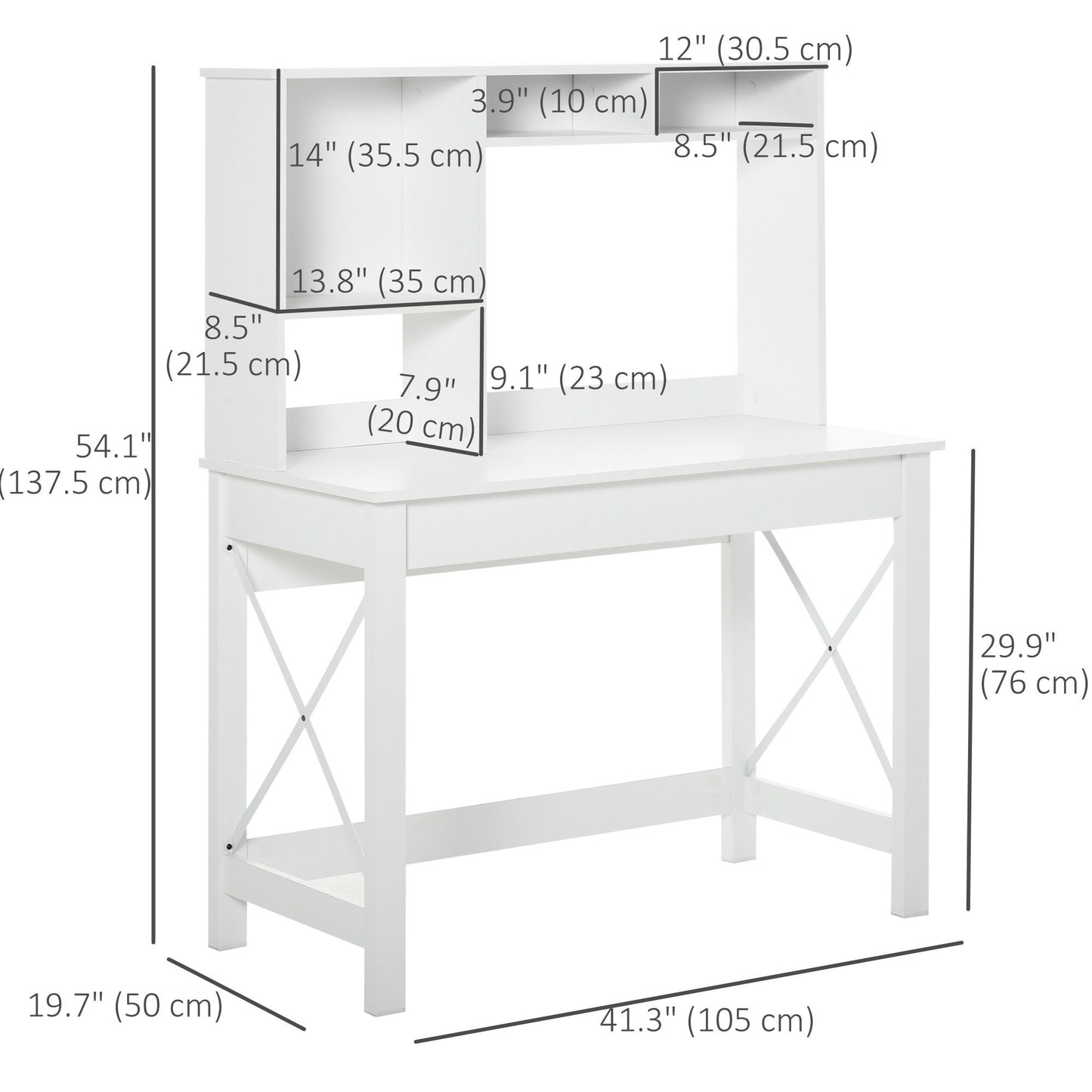 Computer Desk with Hutch, Home Office Table with Storage Shelves and Open Compartments for Writing, Work, White