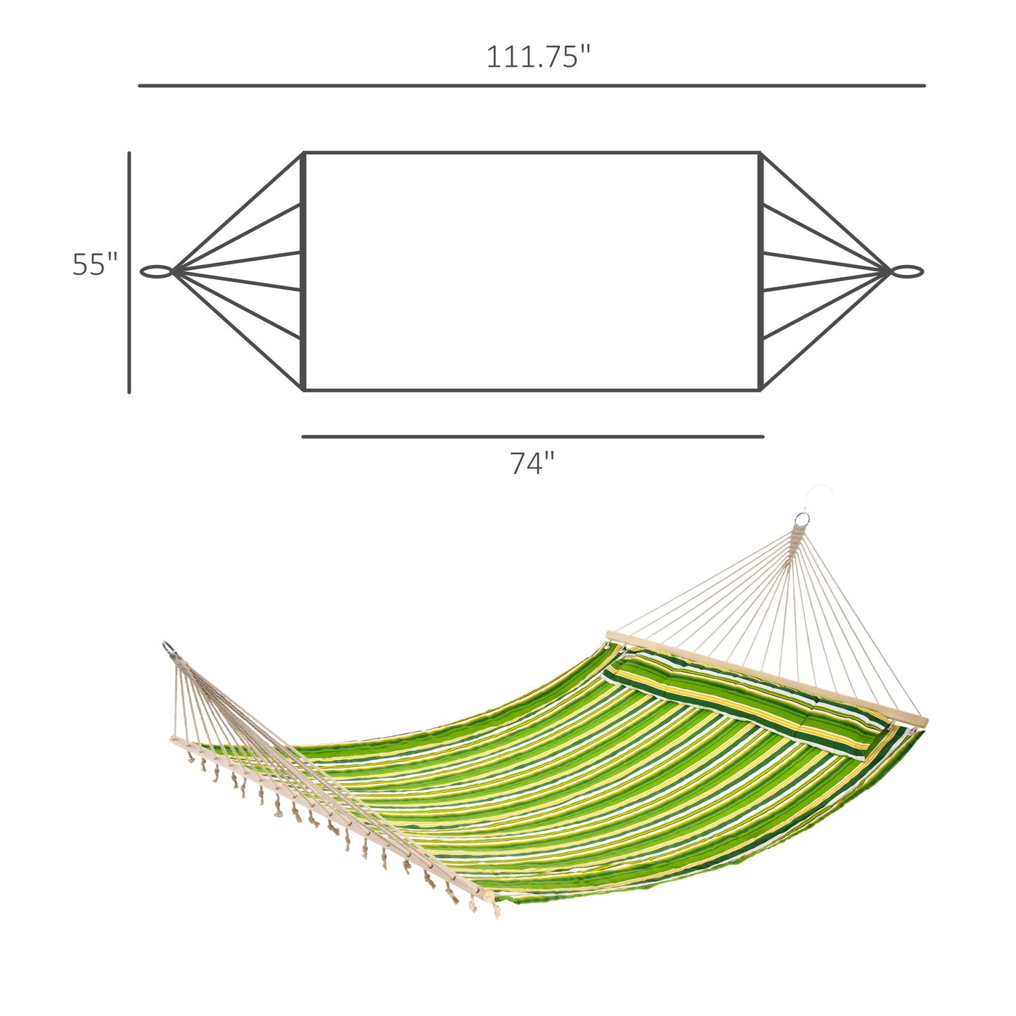 75" Patio Outdoor Hammock, Striped Camping Hammock Lounge Bed Garden w/ Pillow, Green