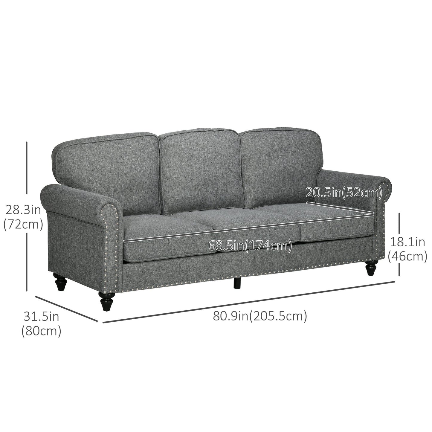 81" 3-Seater Linen Sofa with Nailhead Trim - Grey