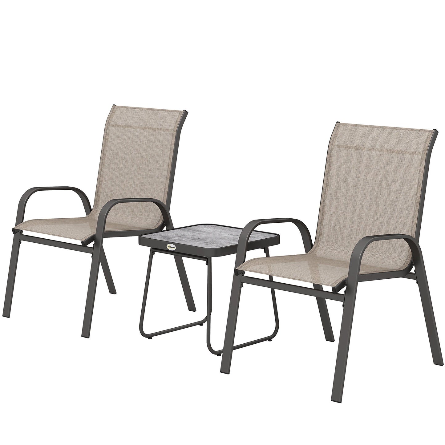 Outdoor Bistro Set of 3, 3-Piece Patio Set with Breathable Mesh Fabric, Stackable Chairs and Square Table, Brown