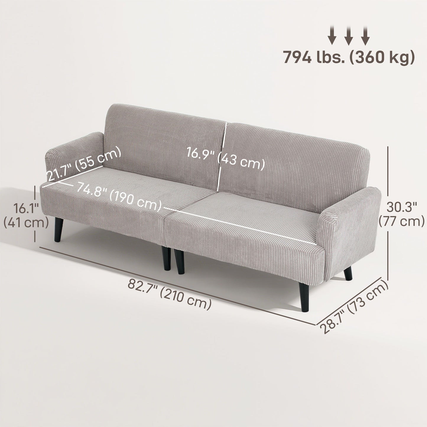 Modern Couch, 3 Seater Sofa, Corduroy Loveseat with Rubberwood Legs and Extra-Wide Seat, Light Grey