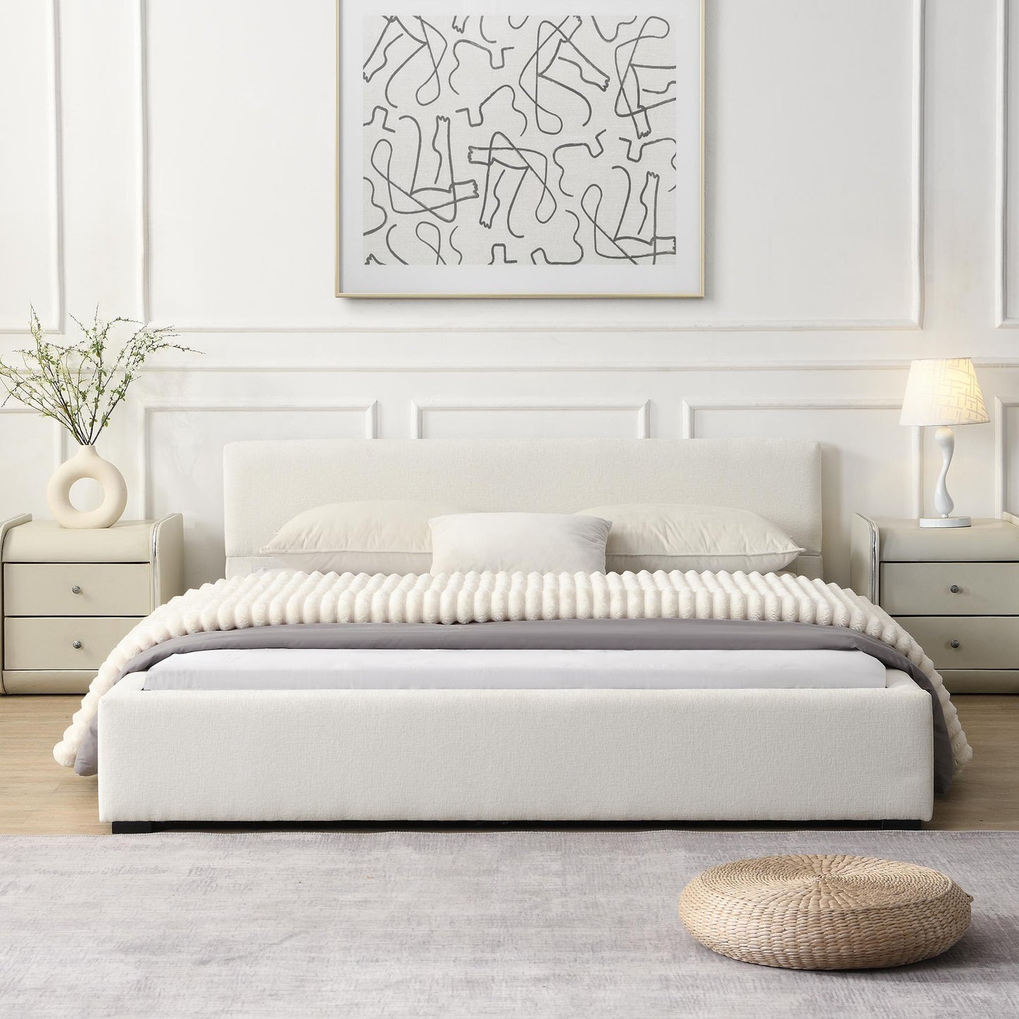 Queen Wide-Edge Bed with 12 Wooden Slats & 3 Support Legs, Solid Bed Frame with a Sturdy Stand, 87.5'' L x 66.5'' W x 27.5''H cm, Beige