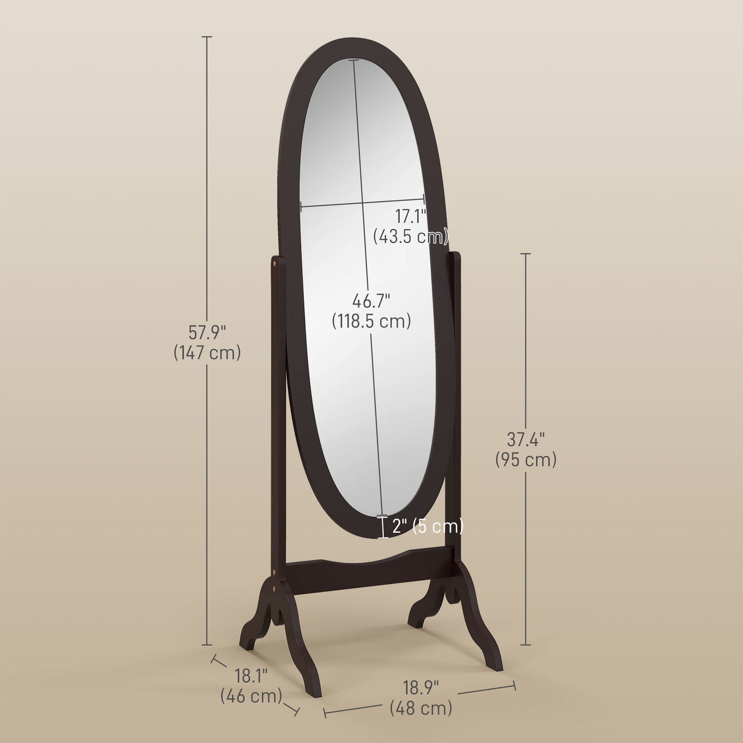 Floor Standing Mirror Full Length Mirror with Adjustable Angle Oval Frame for Dressing Room Bedroom Living Room Coffee
