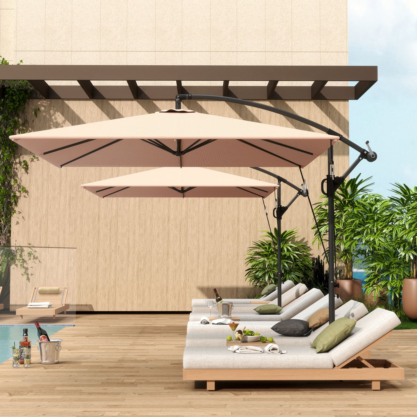Patio Offset Umbrella UPF 50+ UV Protection, Crank Parasol with Base, Cover & Wind Securing, Khaki