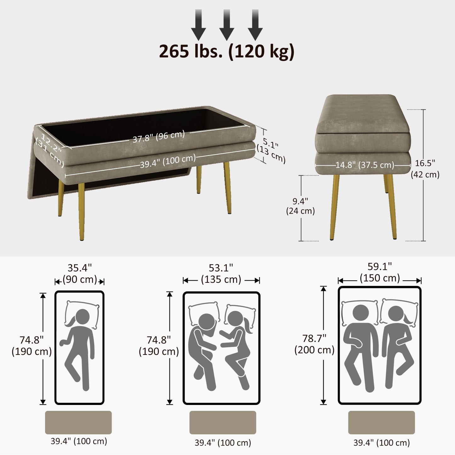 39" Storage Ottoman, Velvet End of Bed Bench with Steel Legs, Foot Stool with Storage for Bedroom, Living Room, Beige