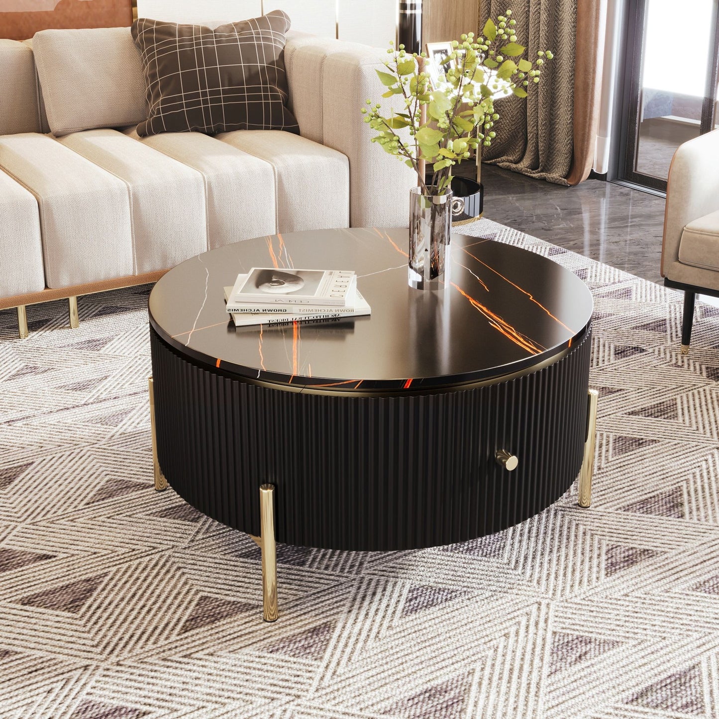 Modern Round Coffee Table with 2 Large Drawers, MDF Construction, Mrable Sofa Table with Golden Legs, 31.5" L x 31.5" W x 17" H, Black+Gold