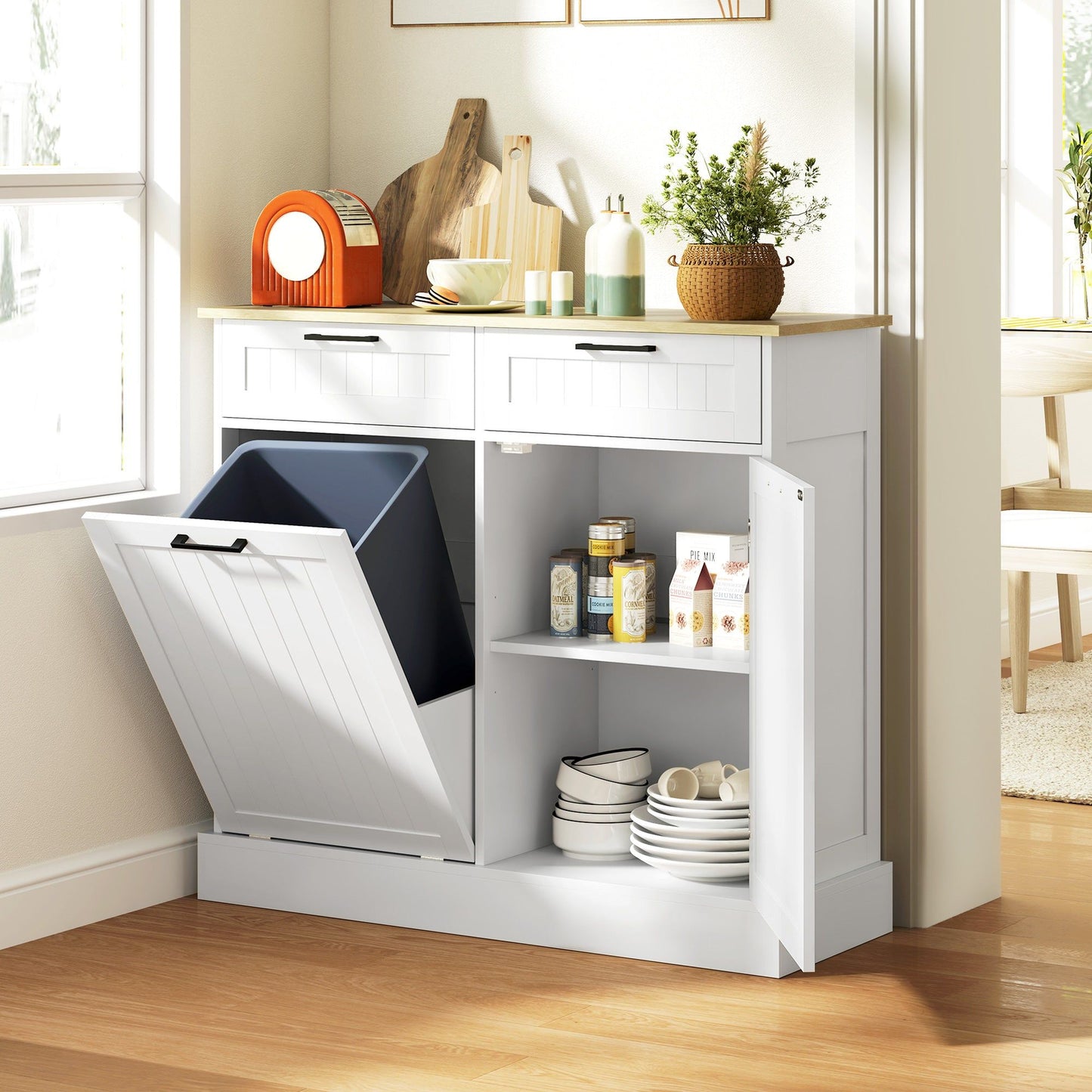 Tilt-Out Trash Cabinet with 2 Drawers - White