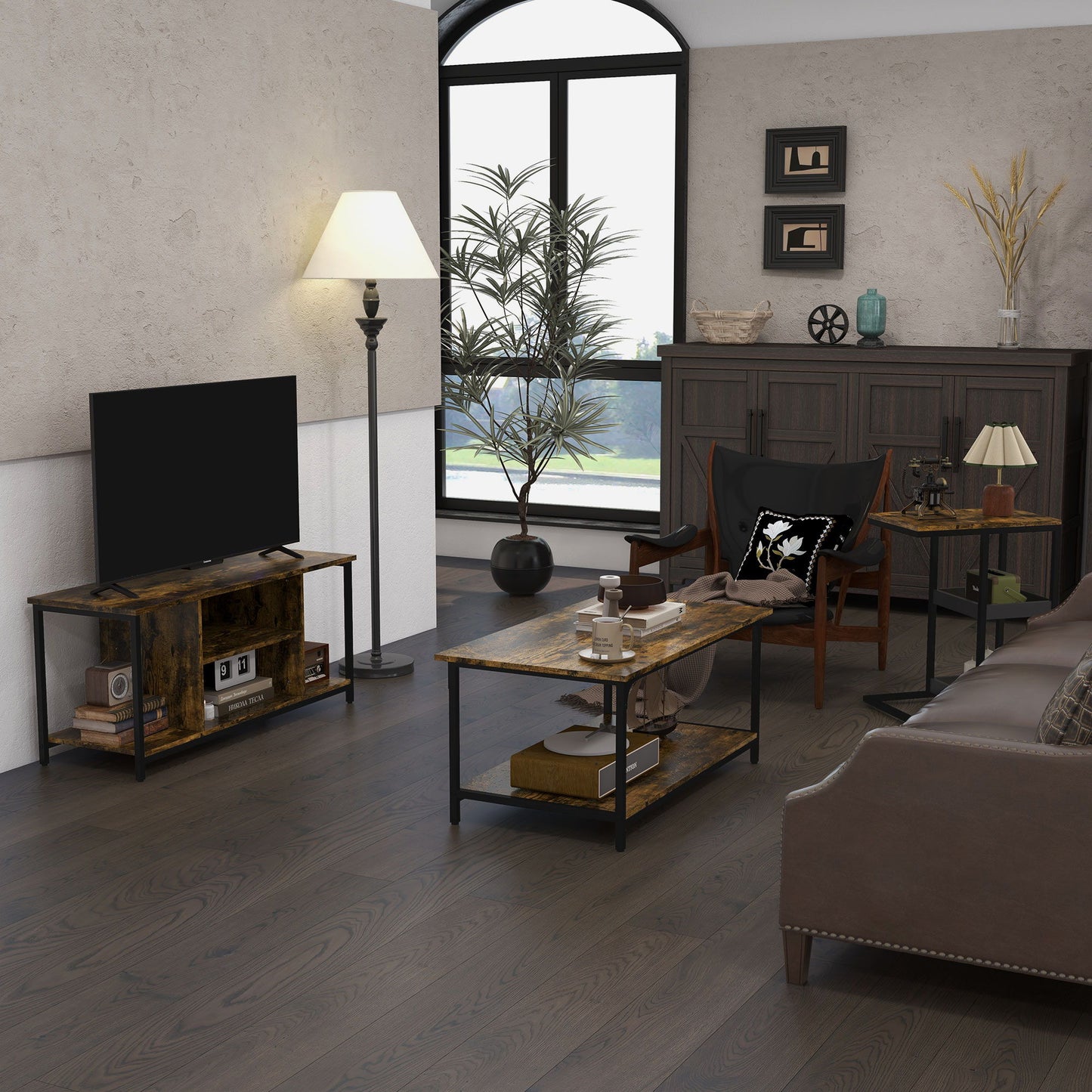 Living Room Furniture Set, Industrial Living Room Tables and TV Stand for 55" TVs, 2-tier Coffee Table and C-shaped Side Table with Storage Shelves, Rustic Brown