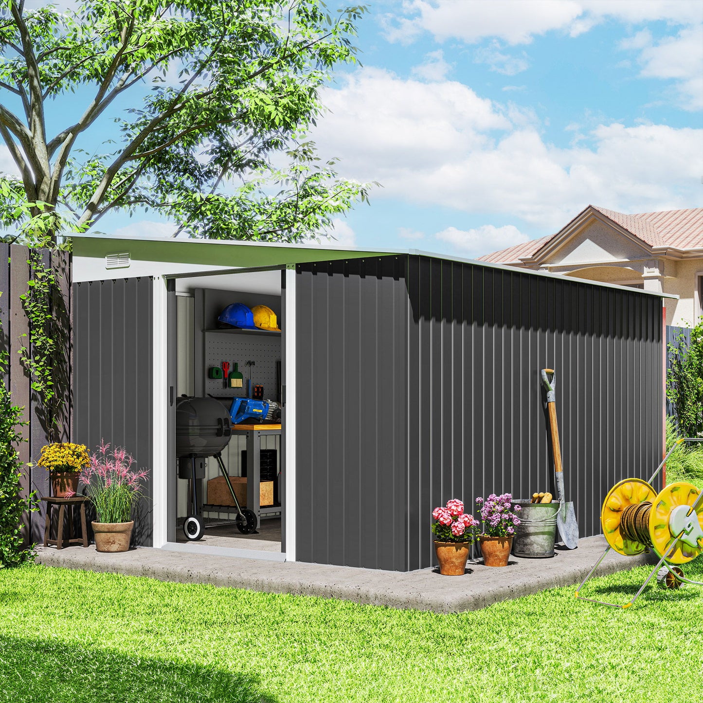 11' x 9' Steel Garden Storage Shed, Outdoor Metal Tool House with Double Sliding Doors, Dark Grey
