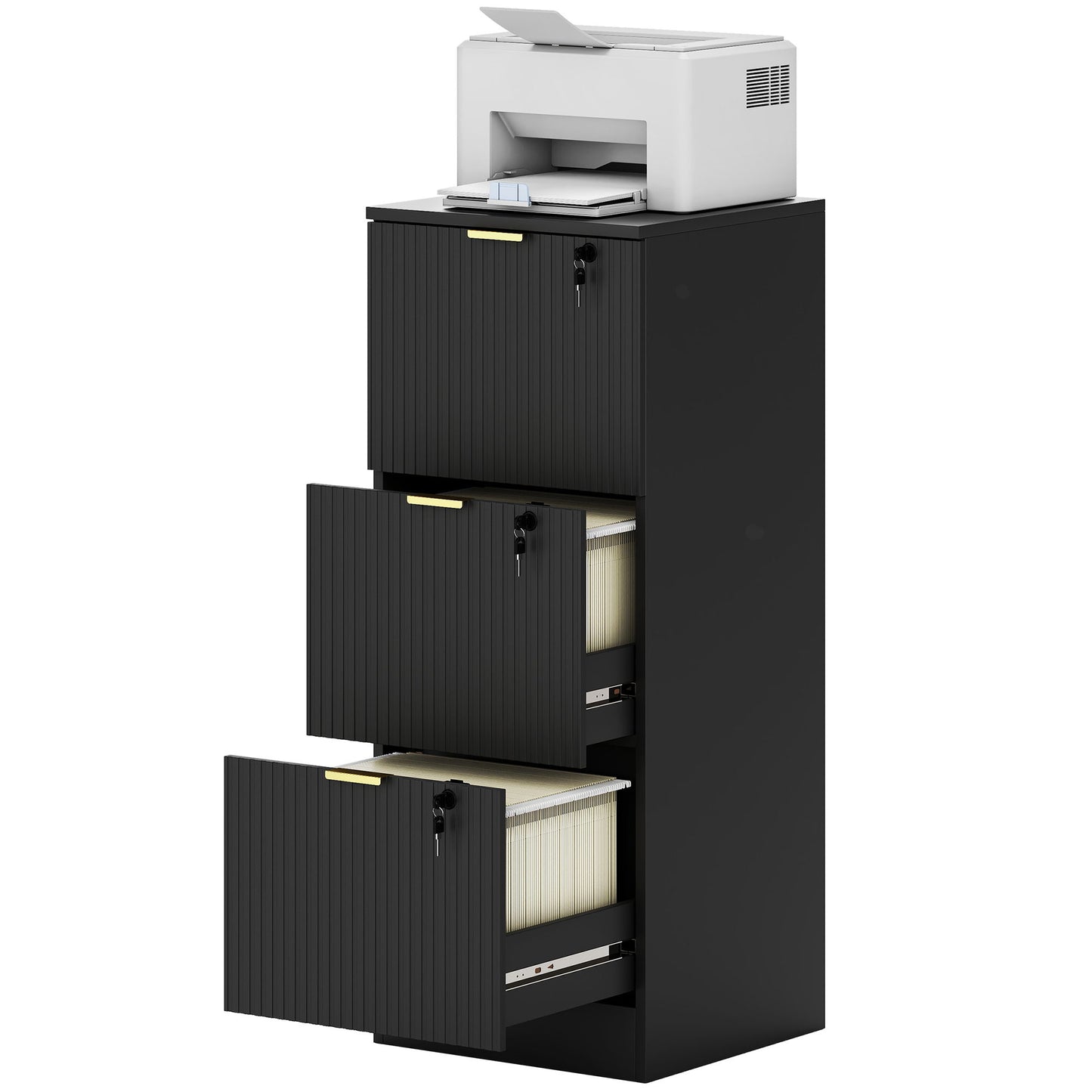 Lockable Filing Cabinet with 3 Fluted Drawers, File Cabinet with Adjustable Hanging Rails for A4 Letter Files, Black