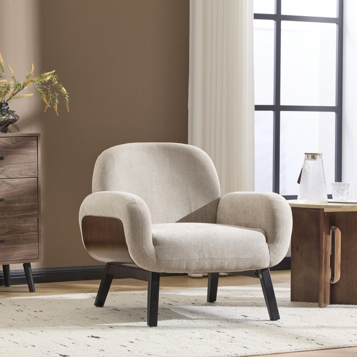 Modern-Scandinavian Accent Chair with Ergonomic Wrap-Around Backrest, Sturdy Armchair for Living Room, 31.5" L x 30.5" W x 31" H, Khaki