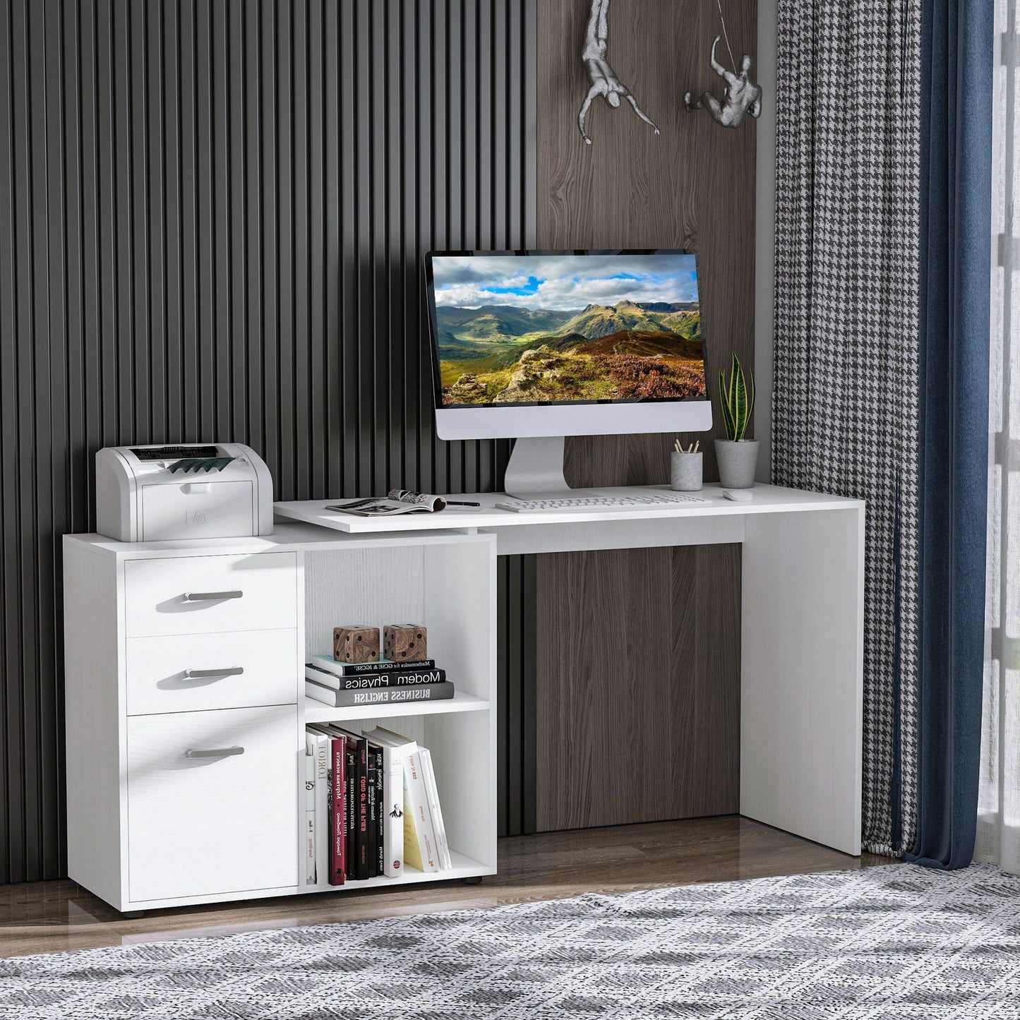 L-Shaped Computer Desk with Shelf and Drawer - White