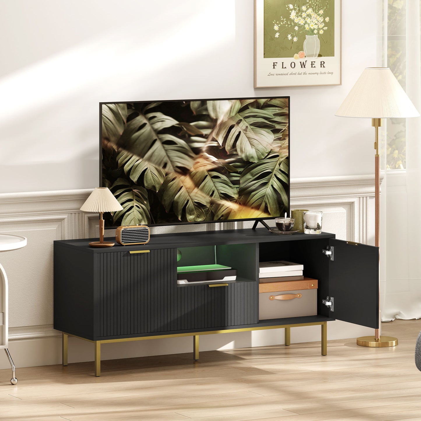 Modern TV Console for TVs up to 50 Inch, Entertainment Center with Smart RGB LED Lights and Soft Close Doors, Black