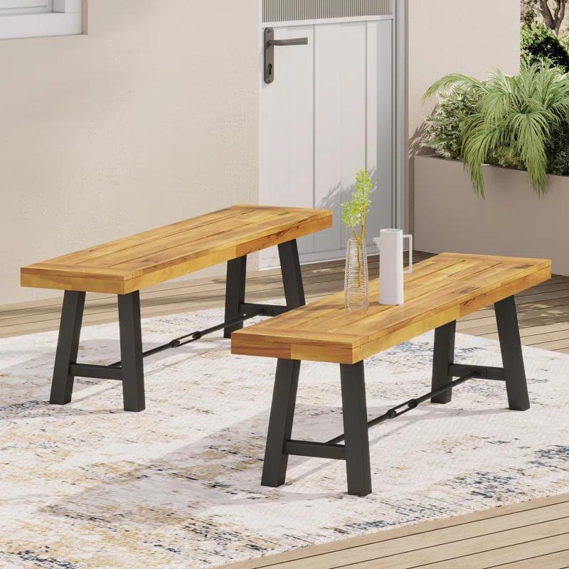 Set of 2 Outdoor Acacia Wood Dining Benches with Weather Resistant, Slat Design, Desk for Living Room, 63" L x14.5" W x 18" H, Teak