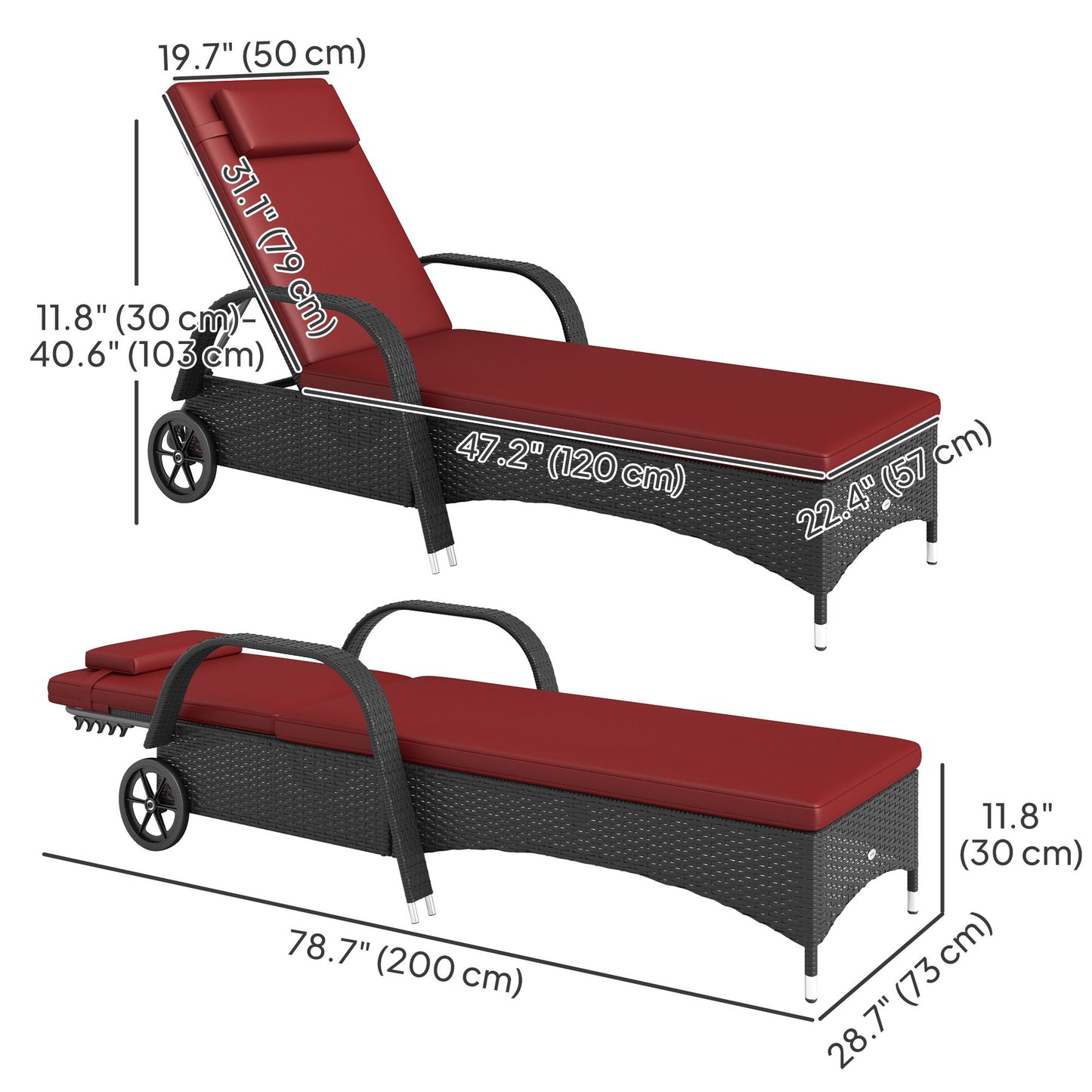 Outdoor Lounger, Deck Lounge Chair with Headrest, 5-Level Adjustable, Backrest, Wheels, Deep Coffee and Wine Red