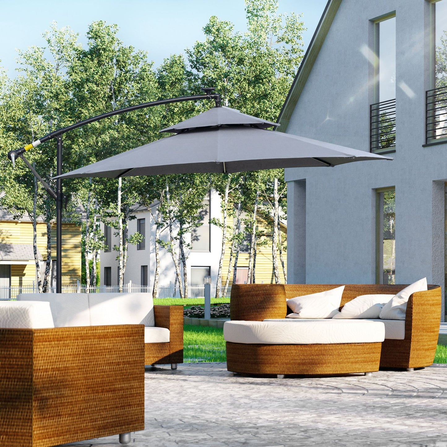 10FT Cantilever Patio Umbrella with Lights Solar Powered Offset Umbrella with Crank and Cross Base for Deck Grey