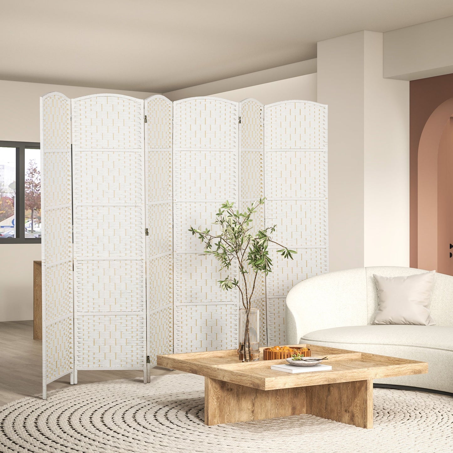 6ft Folding Room Divider, 6 Panel Wall Partition with Wooden Frame for Bedroom, Home Office, White