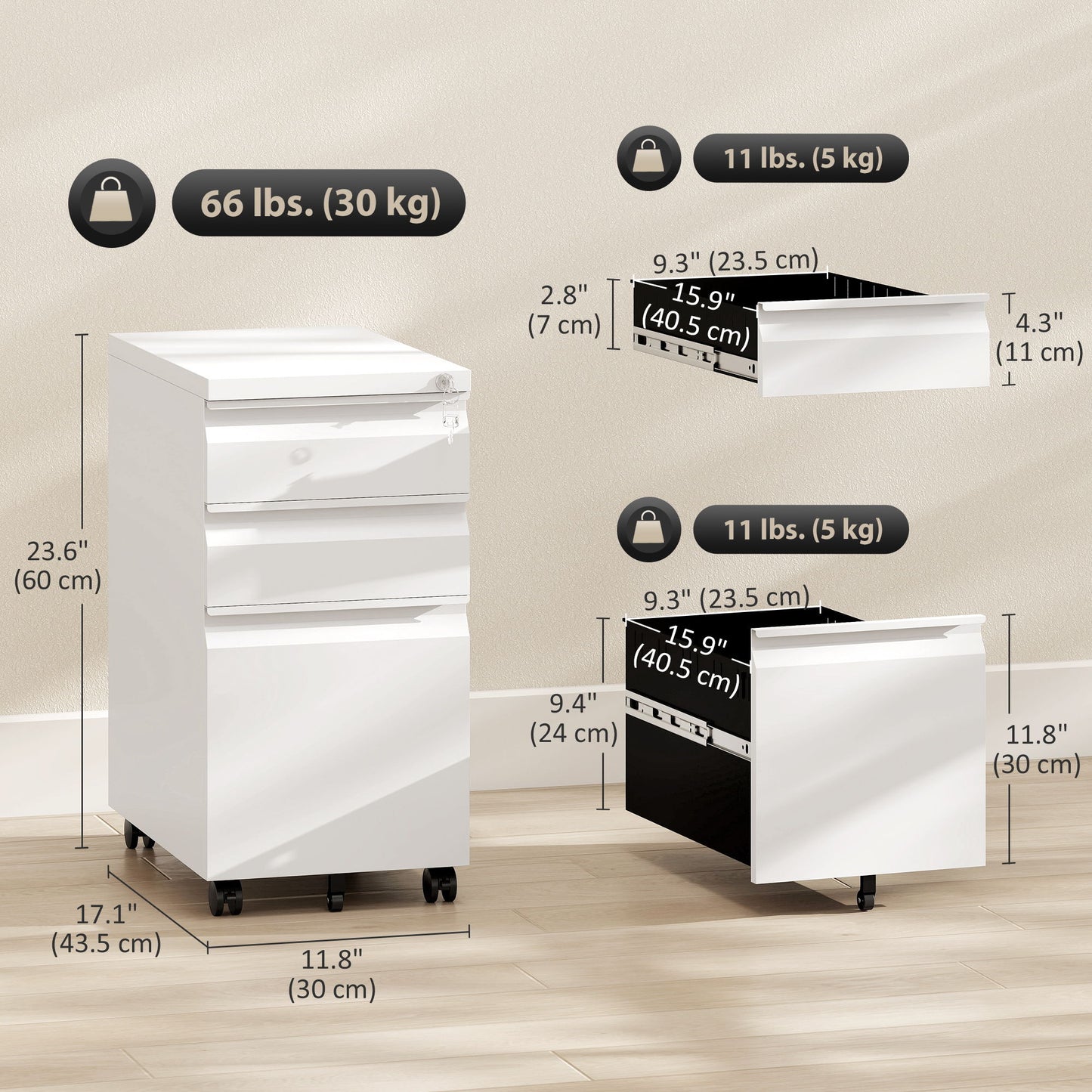 3 Drawer Filing Cabinet with Lock, Steel Office Storage Cabinet with Hanging Bar for A4, Legal, Letter Files, White