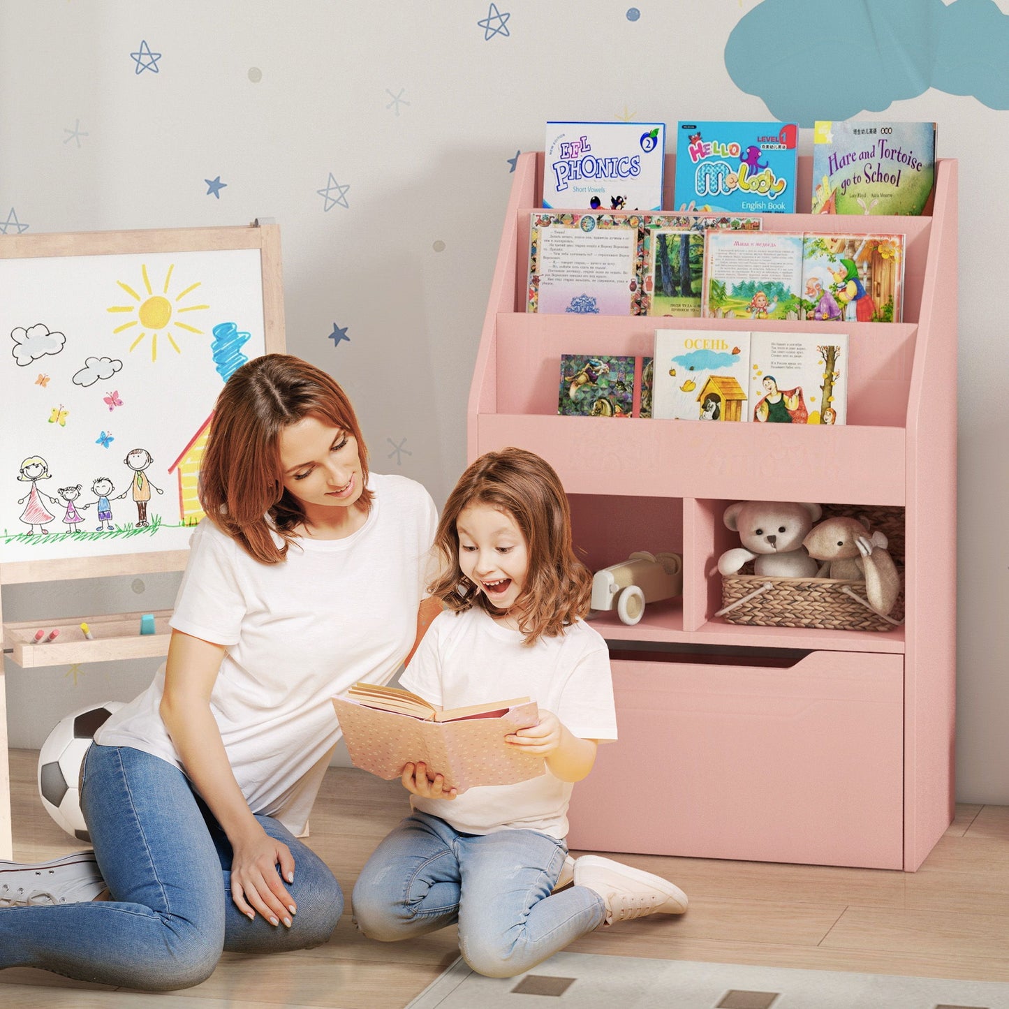 Kids Bookcase with Storage Drawer for Books, Reading Nook, for Classroom, Bedroom, Playroom, Pink
