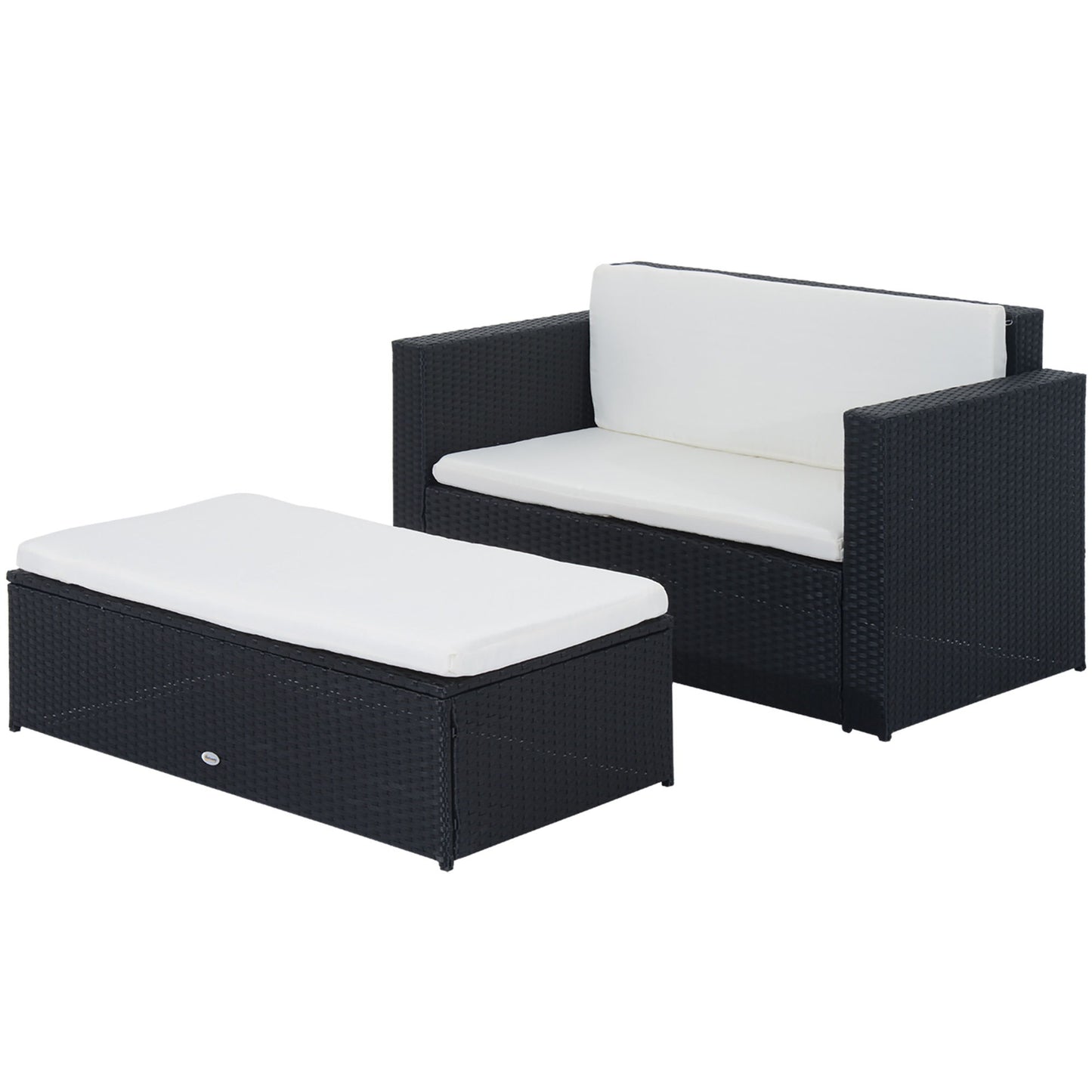 2 Pieces Wicker Patio Furniture Set with Double Ottoman, Outdoor PE Rattan Conversation Set with Loveseat and Two Seat Ottoman, Cream White