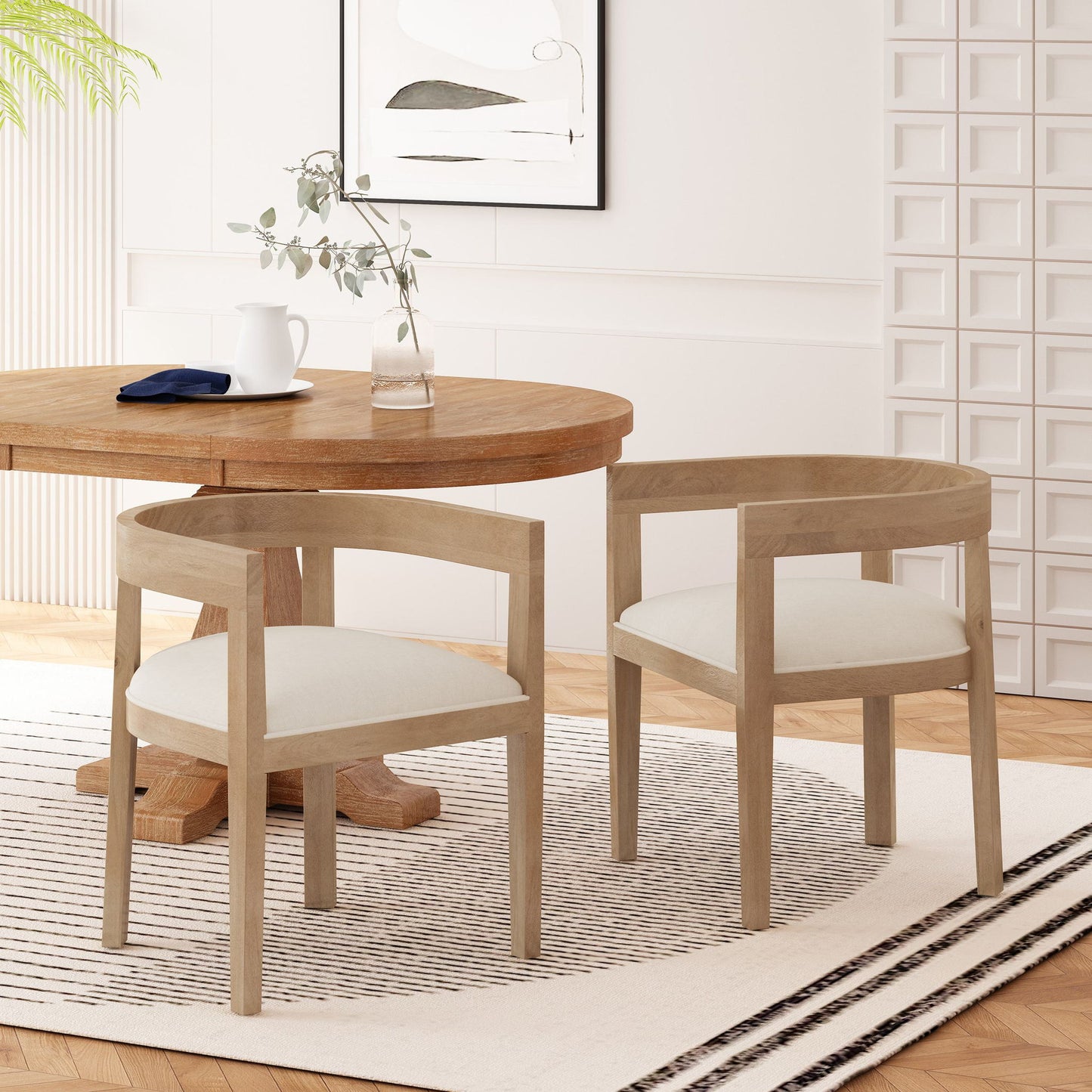 Set of 2 Contemporary Dining Arm Chairs with Rubberwood Frame, Chair Set Perfect for Dining Room, 22.5'' L x 22.5'' W x 27.5'' H, Beige