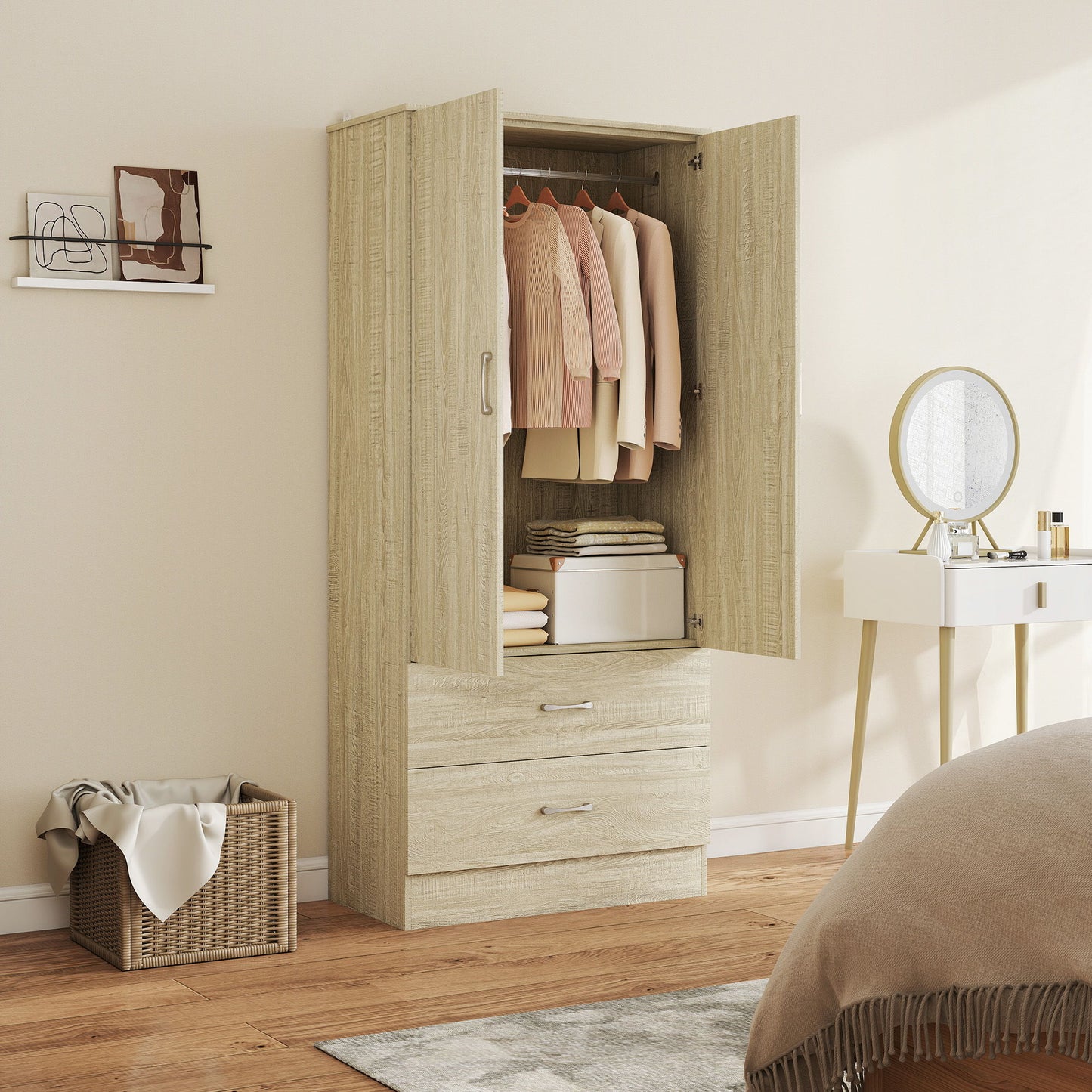 Wardrobe Closet Armoire with Hanging Rod and 2 Doors, Clothes Storage Organizer with 2 Drawers for Bedroom, Oak