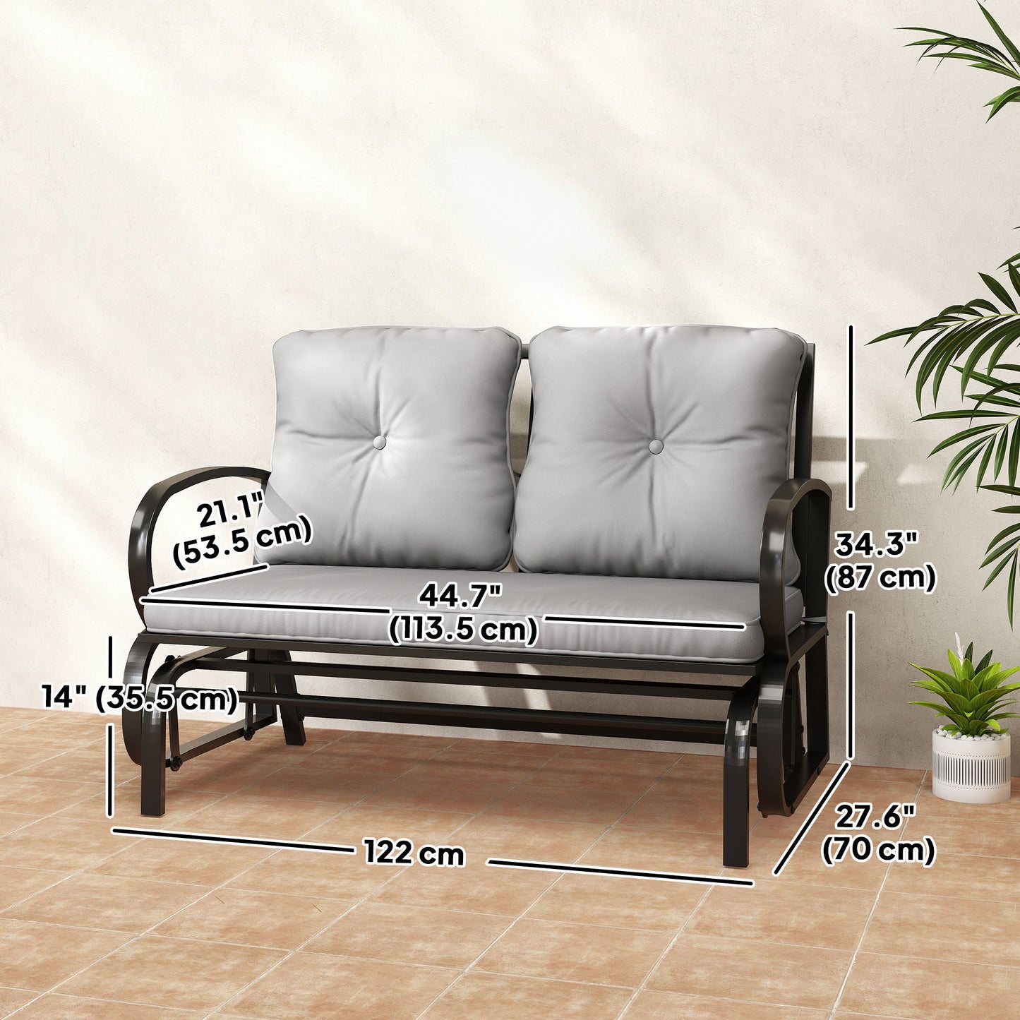 2-Person Outdoor Glider Chair, Patio Double Rocking Loveseat with Steel Frame and Cushions for Backyard, Garden and Porch, Grey