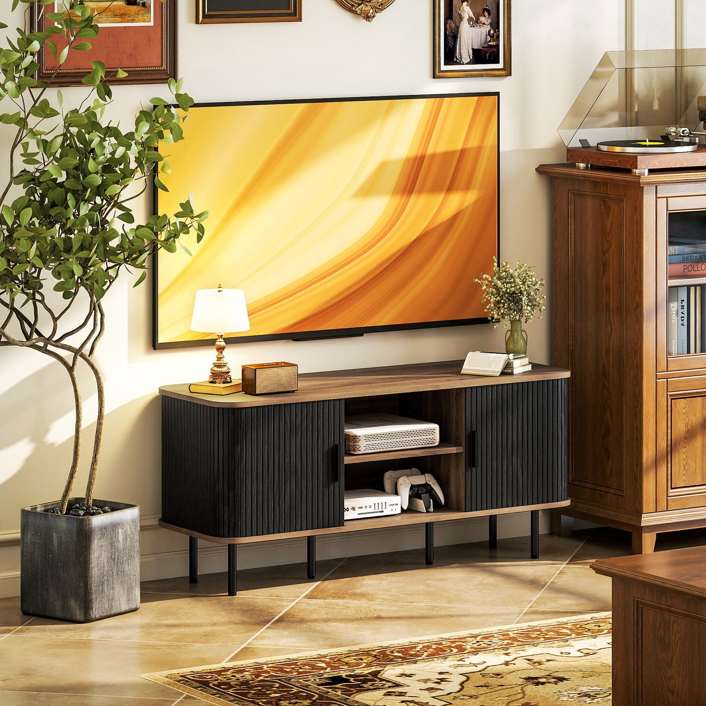 TV Stand Cabinet for TVs up to 55 Inches, TV Unit with Storage Shelves and Cabinets for Living Room, Black