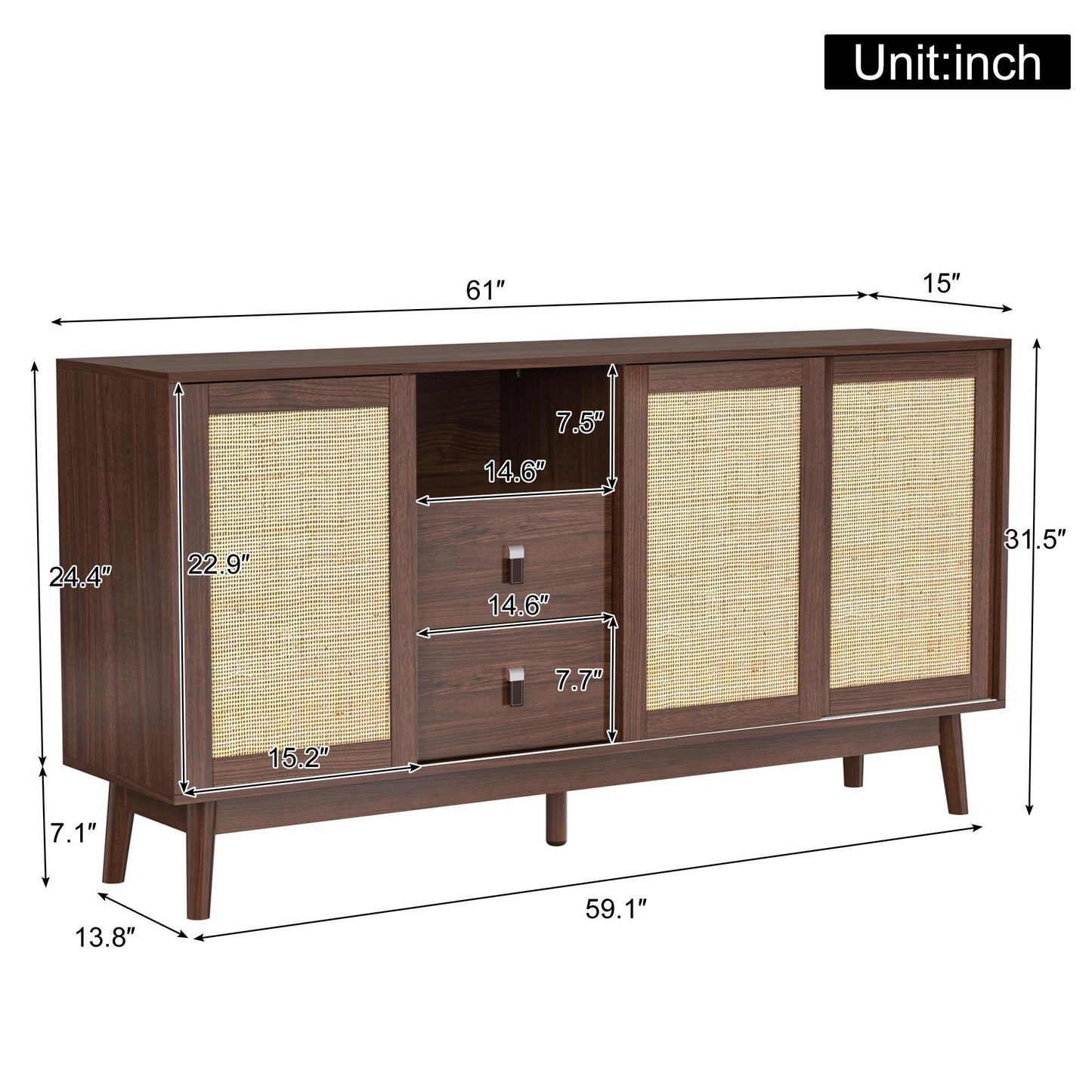 Versatile Sideboard with 3 Doors and 2 Drawers for Ample Storage, Stylish Cabinet for Living & Dining Areas, 61'' L x 14'' W x 31.5'' H, Wood