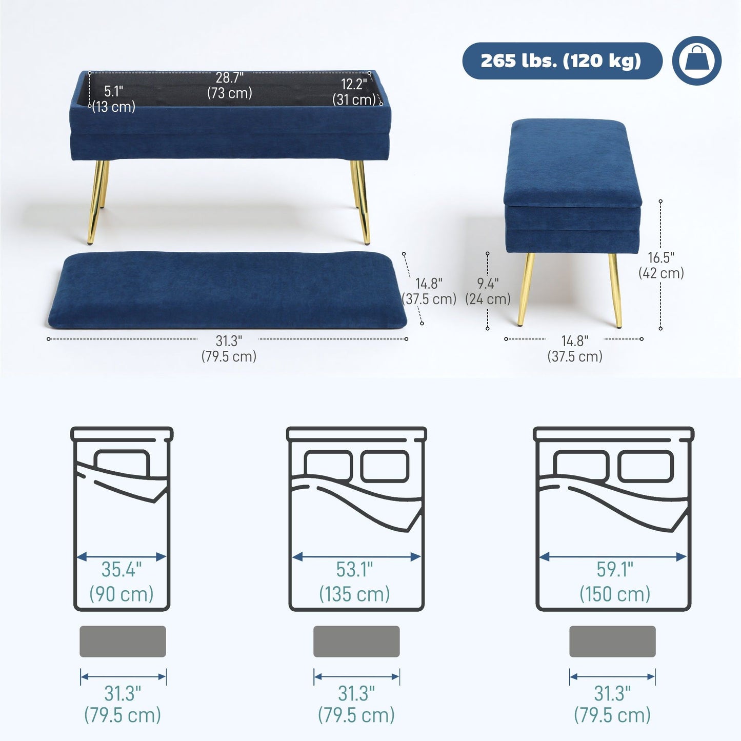 31" Velvet Storage Ottoman Bench with Steel Legs - Dark Blue