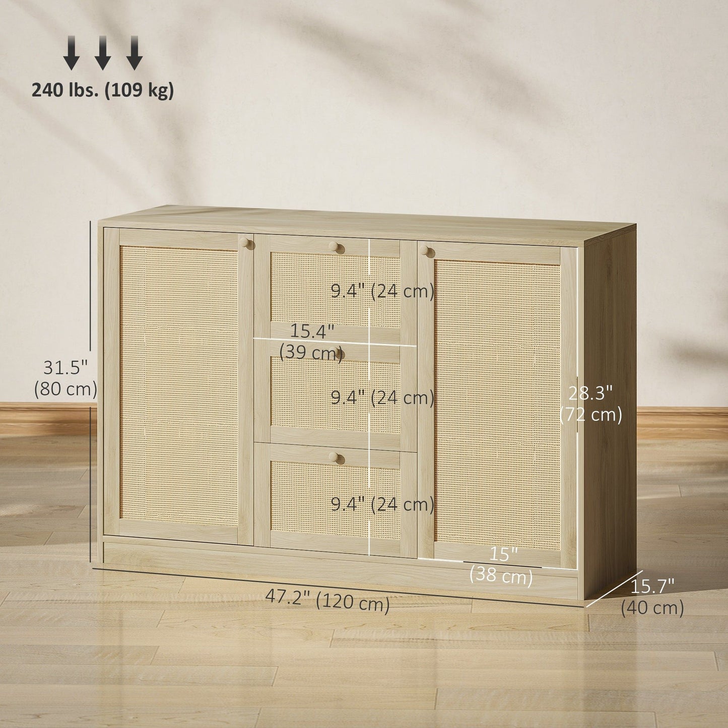 Boho Sideboard Buffet with 3 Drawers - Natural