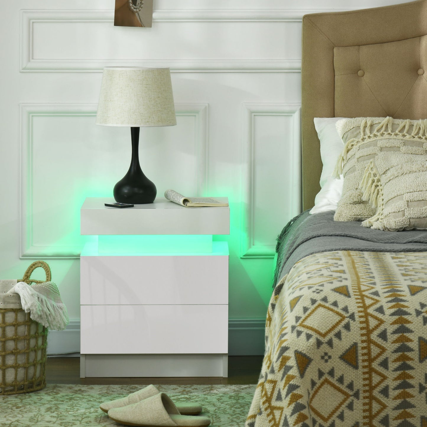 Nightstand, Bedside Table with LED Lights and 2 Drawers for Bedroom, Living Room, White