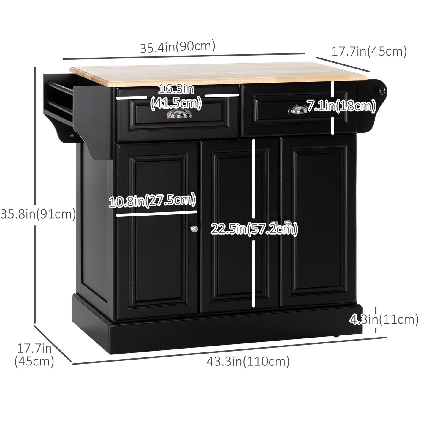 Rolling Kitchen Island with Wood Top and Drawer - Black